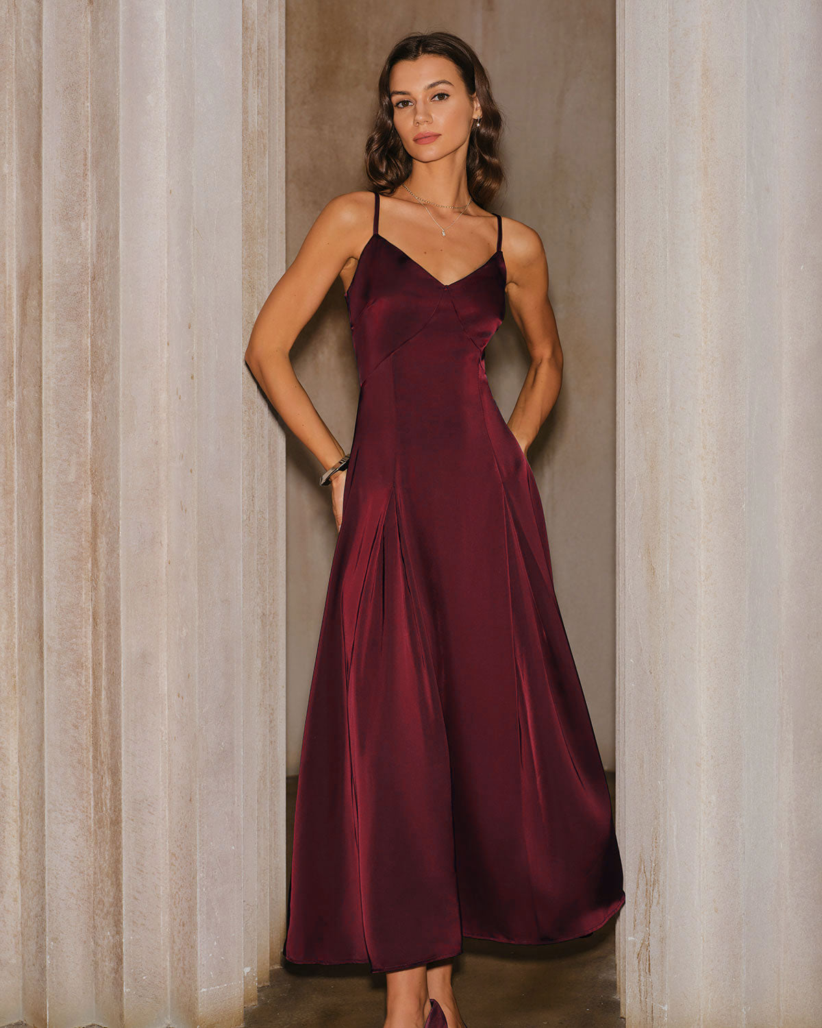 Wine Red Satin A-Line Slip Maxi Dress