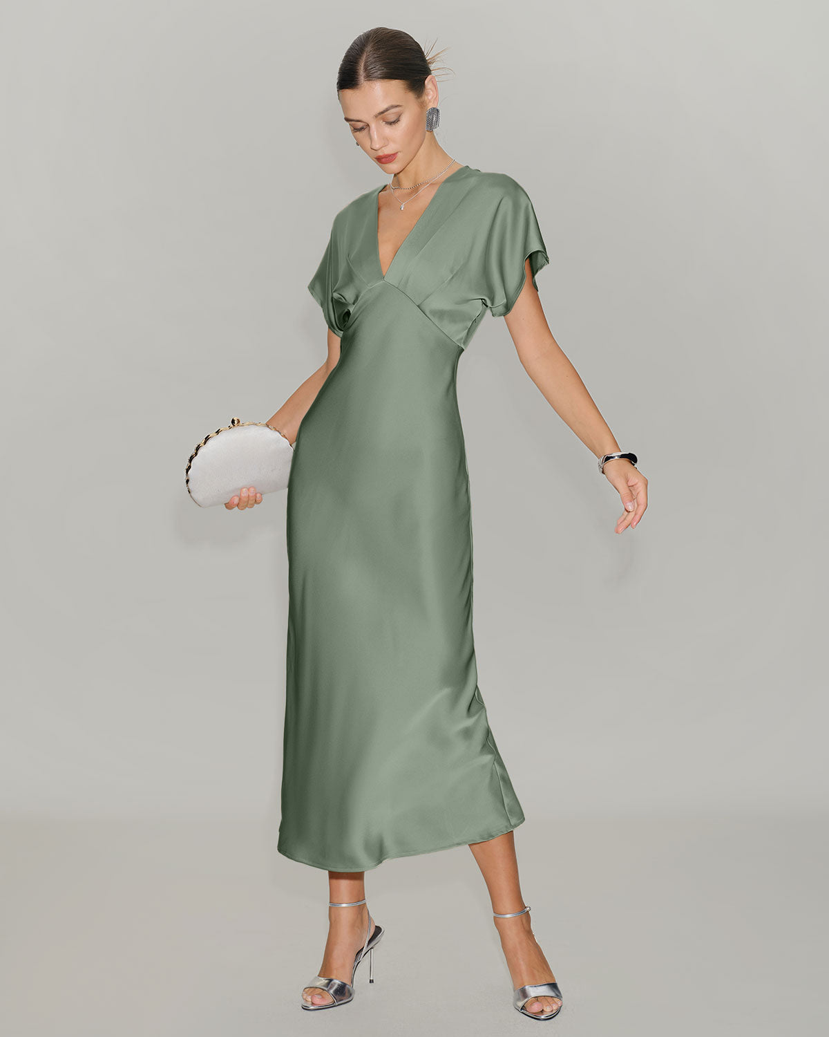Green Satin V Neck A-Line Midi Dress