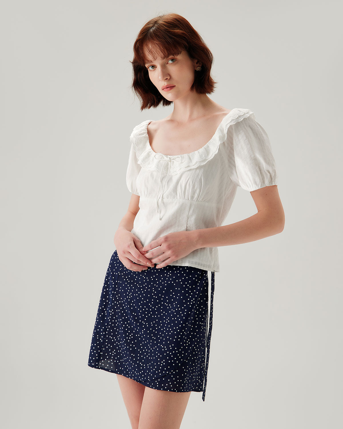 White Textured Scoop Neck Ruffle Blouse