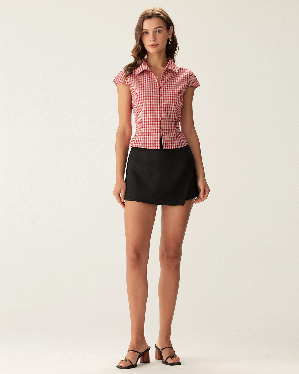 Red Plaid Cap Sleeve Button Blouse
