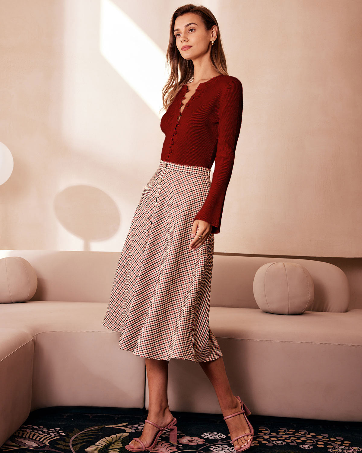 Red Bell Sleeve Ribbed Knit Tee