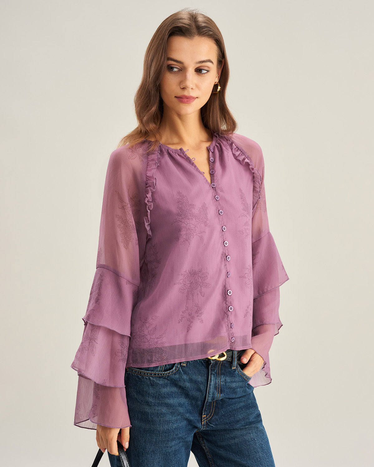Purple Floral Chiffon Ruffle Blouse