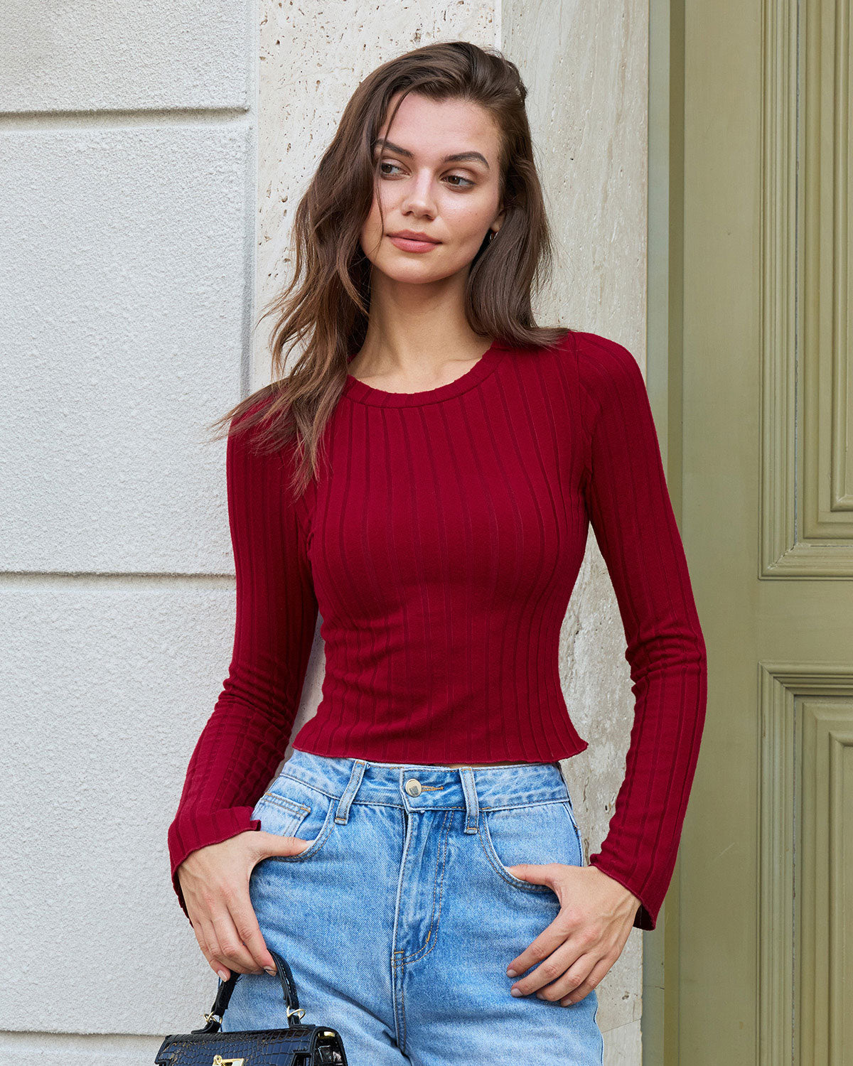 Wine Red Ribbed Knit Bell Sleeve Tee