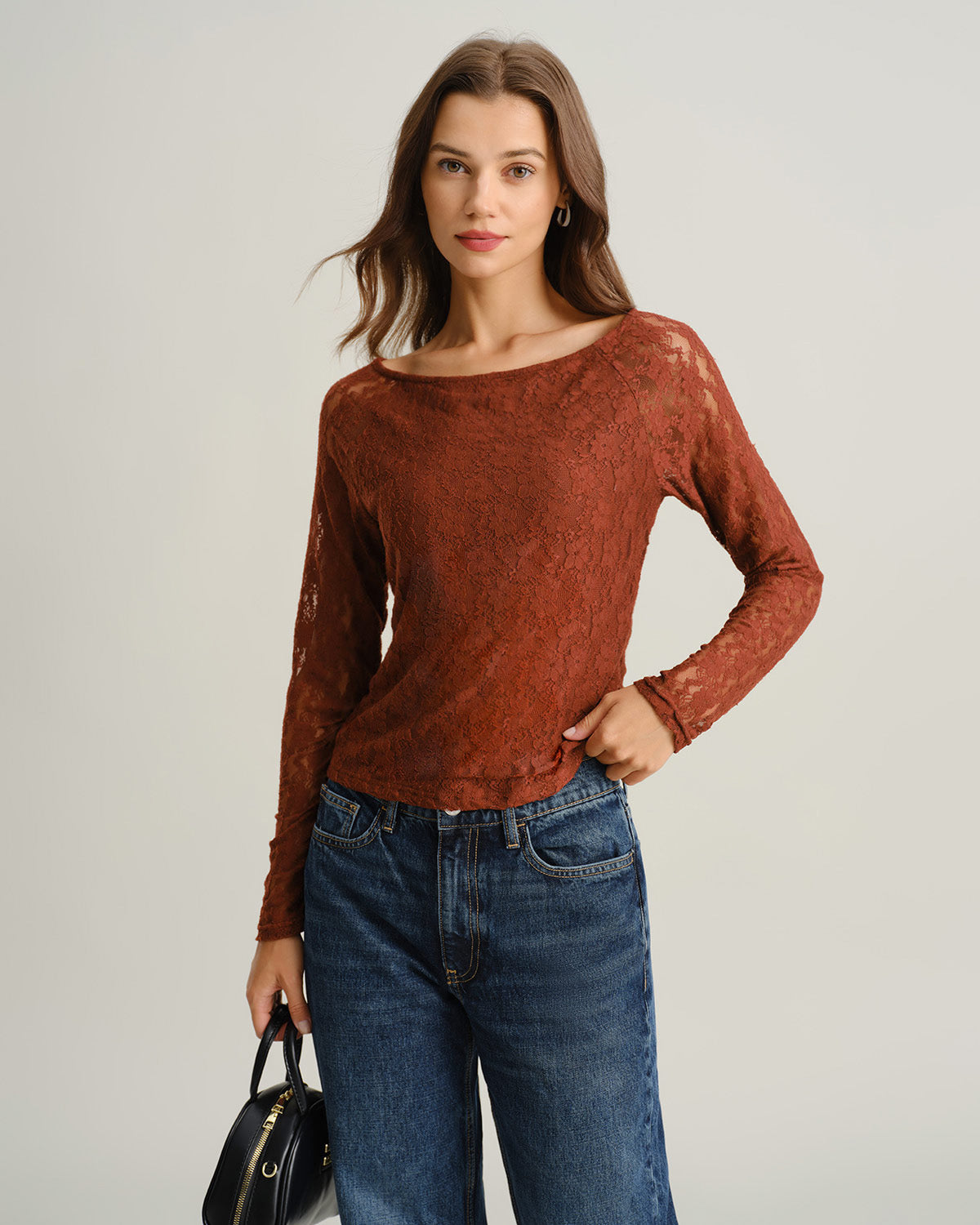 Brown Boat Neck Lace Slim Tee