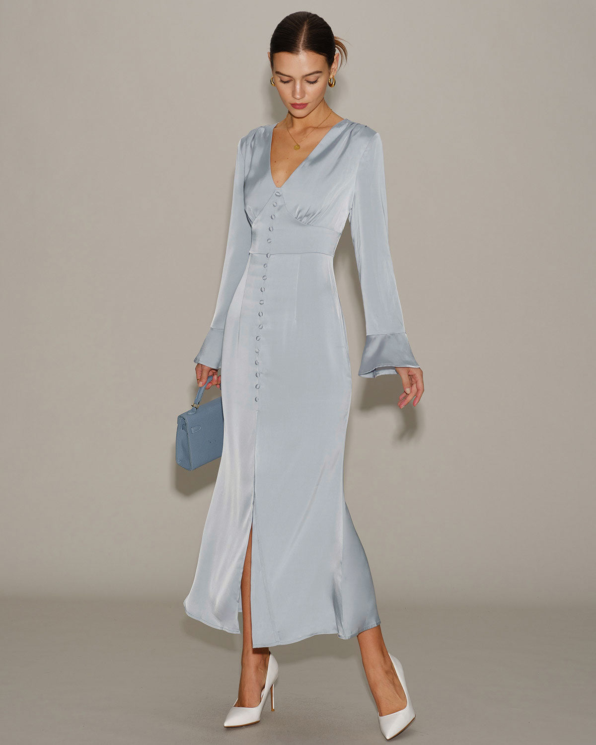 Grey Satin Bell Sleeve Maxi Dress