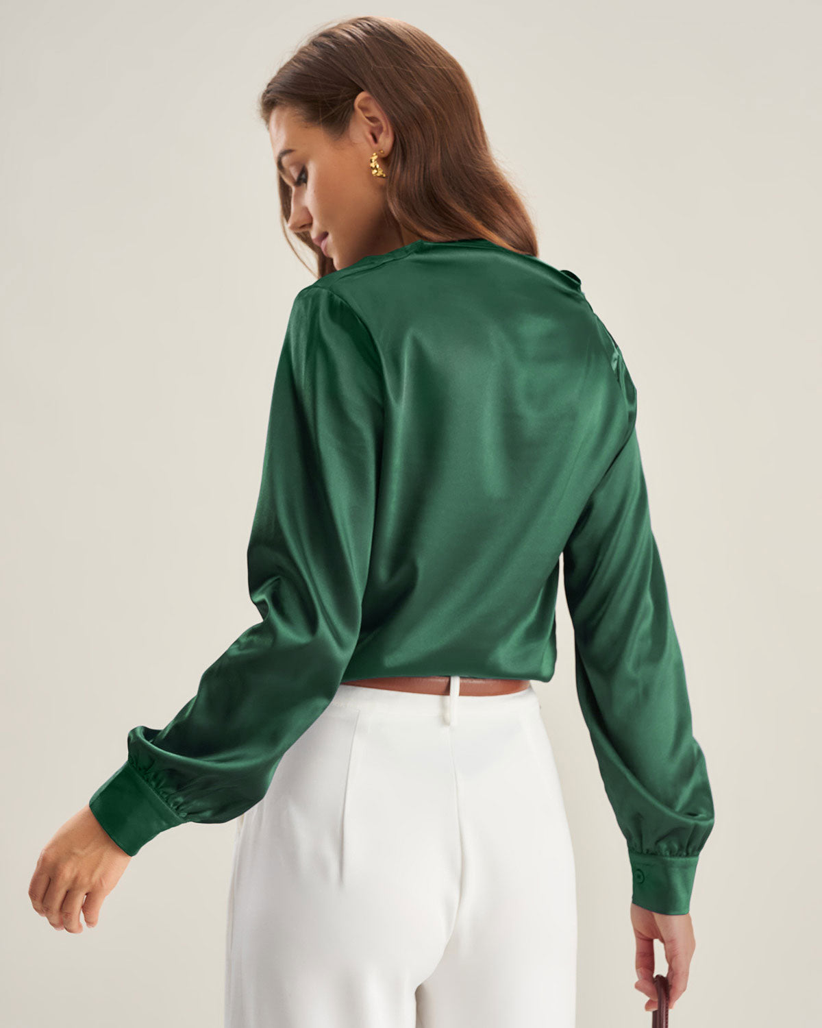 Green Satin V Neck Shirt
