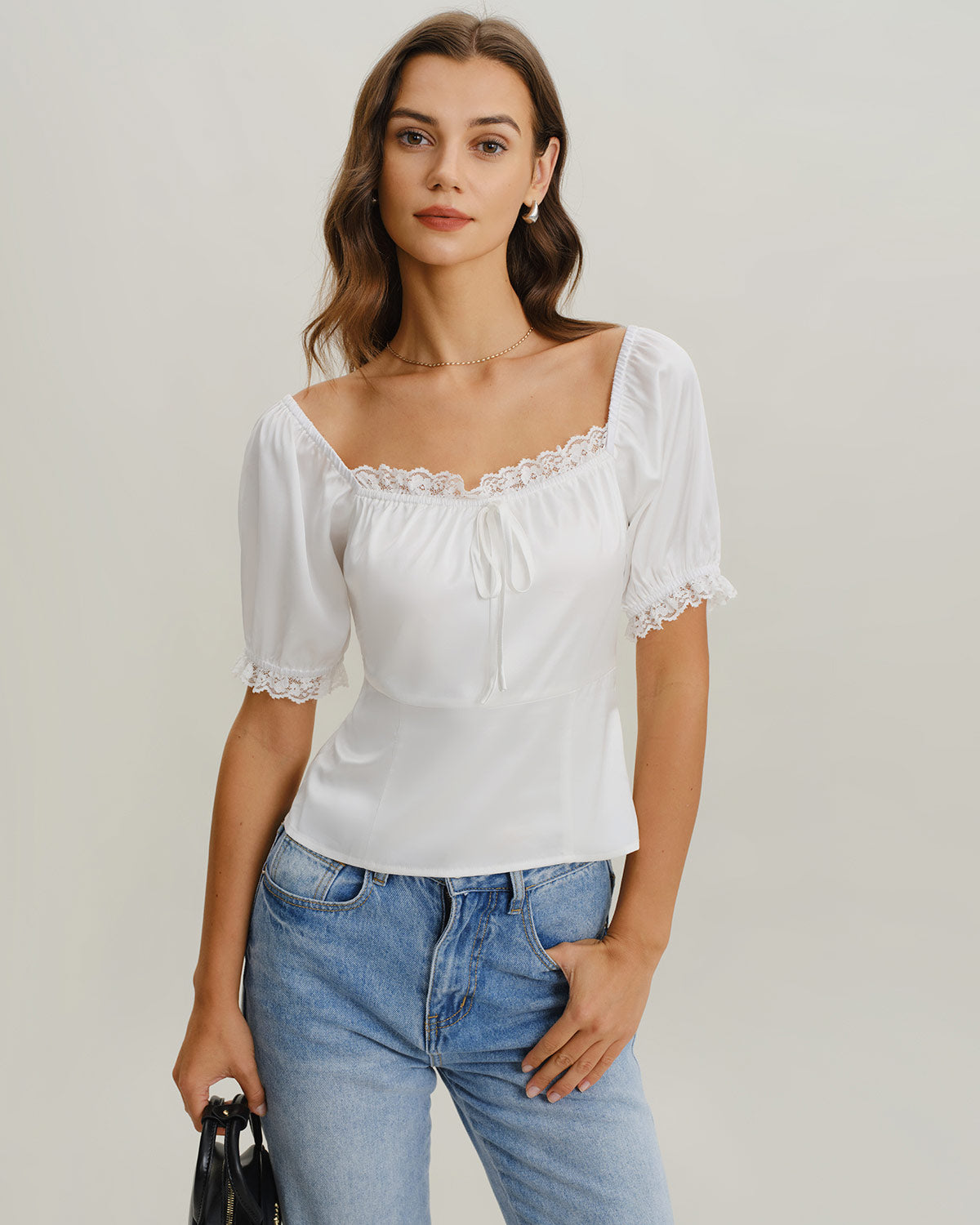 White Square Neck Lace Satin Blouse