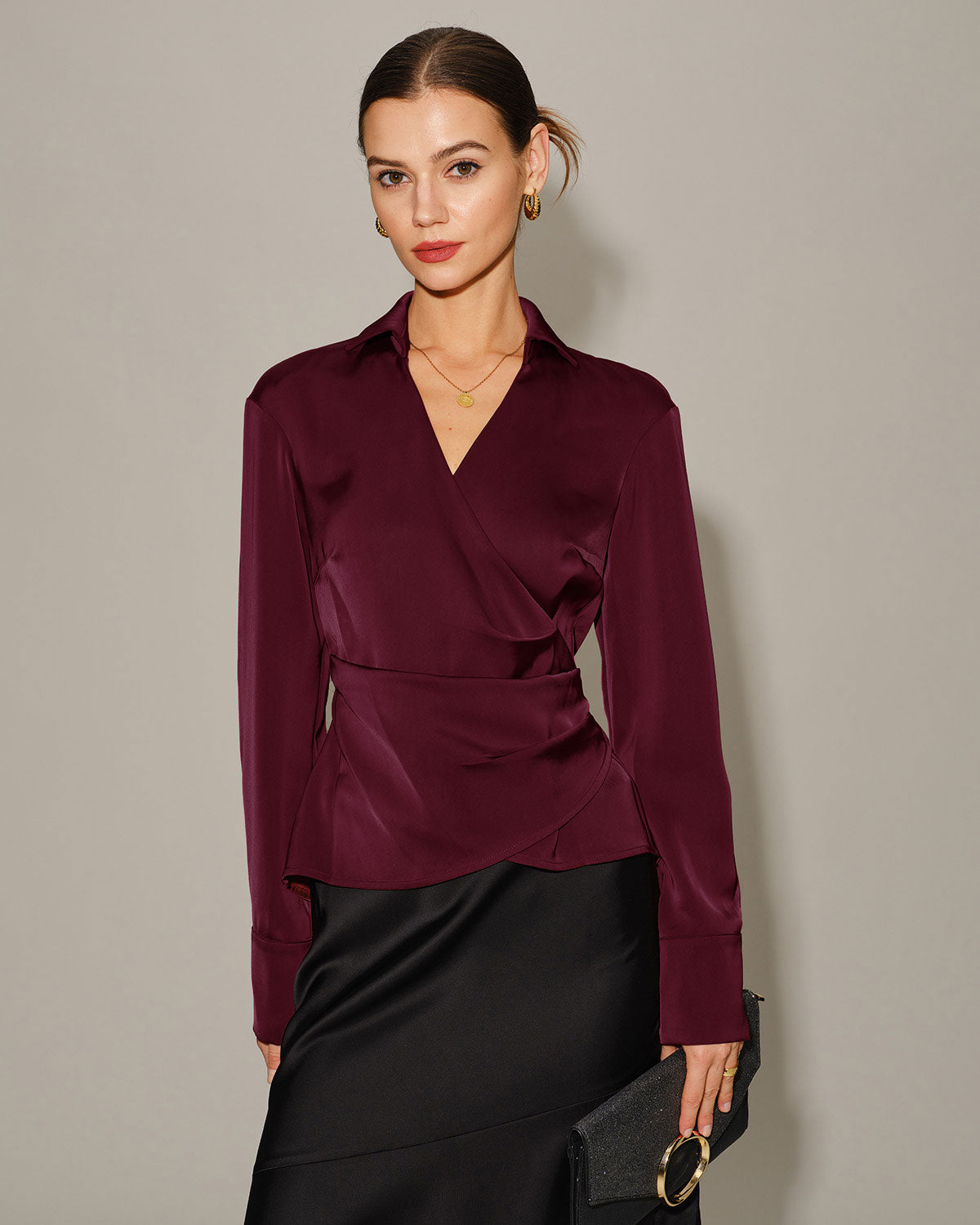Wine Red Satin V Neck Tie Shirt