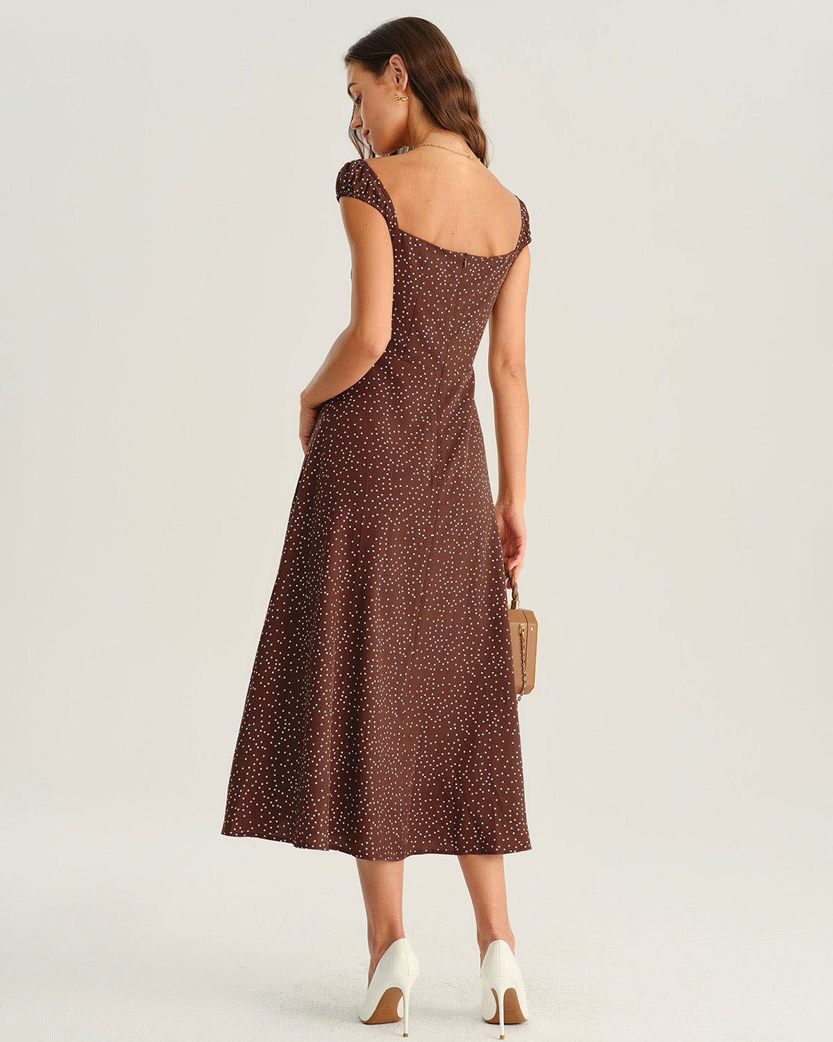 Brown Polka Dot Cap Sleeve Midi Dress