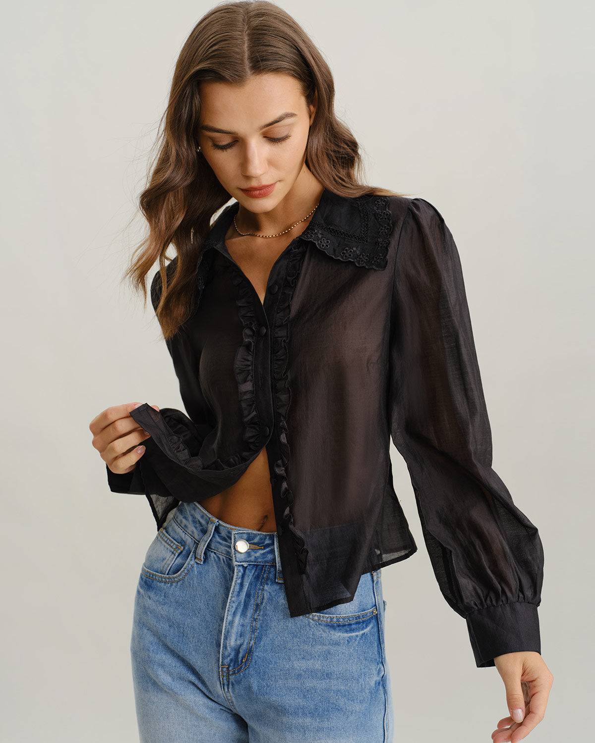 Black Lantern Sleeve Ruffle Shirt