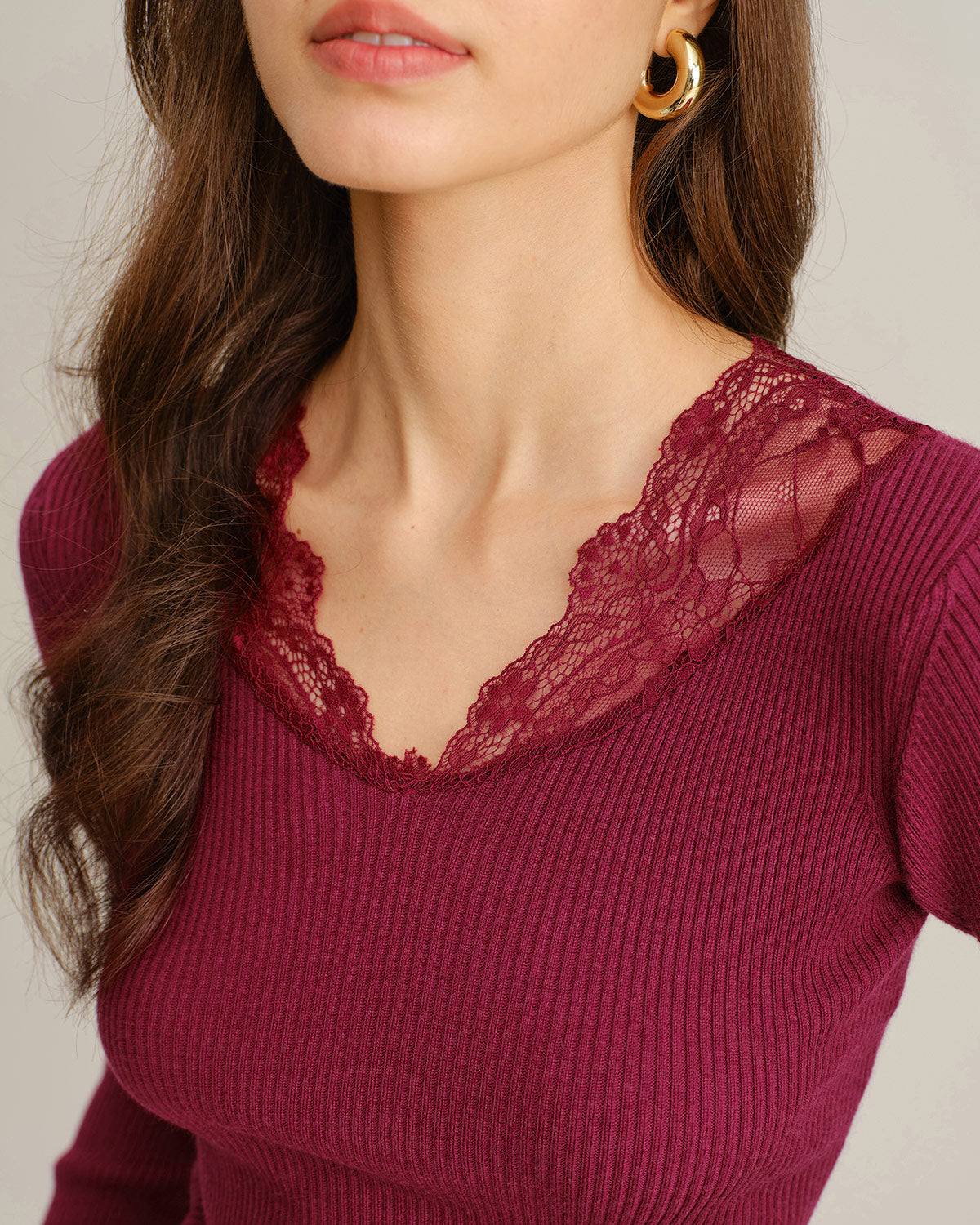 Wine Red V Neck Ribbed Knit Tee