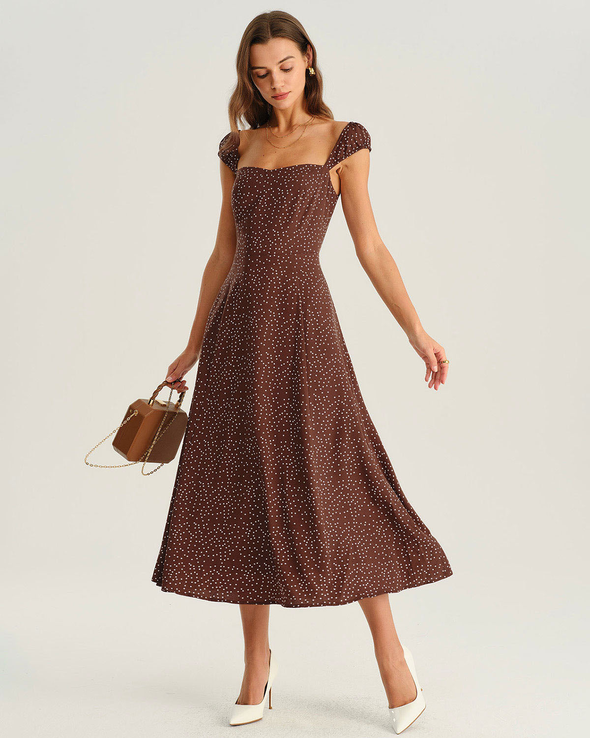 Brown Polka Dot Cap Sleeve Midi Dress