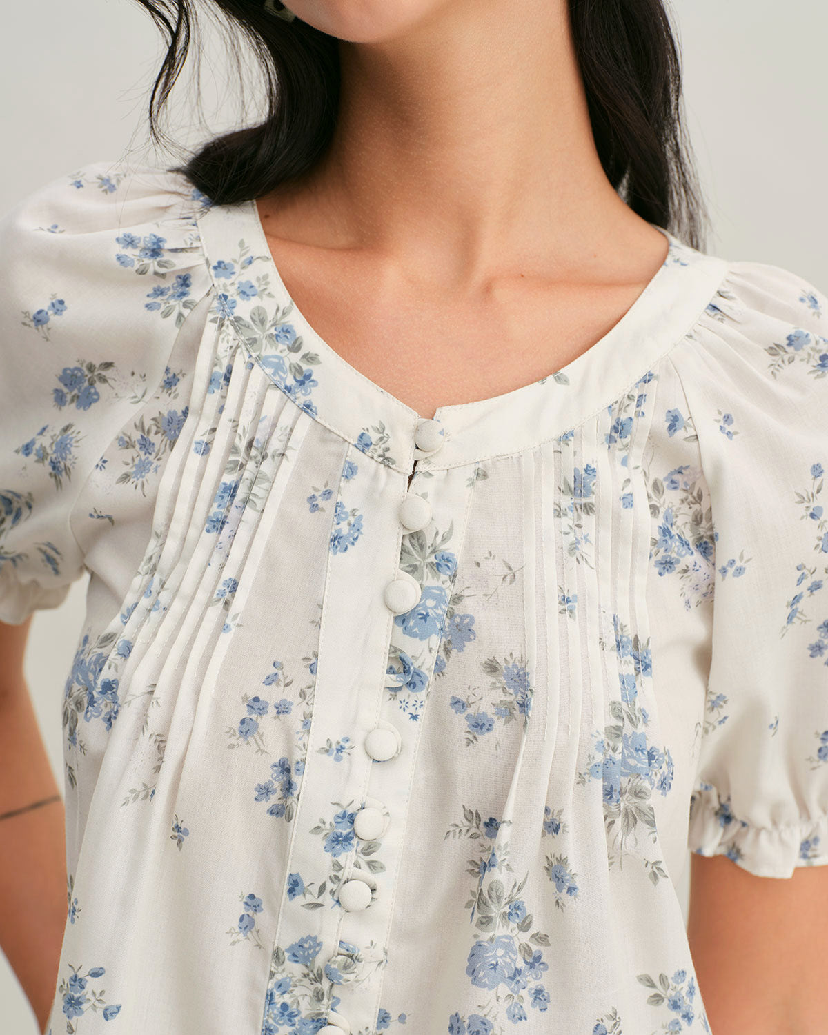 Blue Floral V Neck Button Blouse