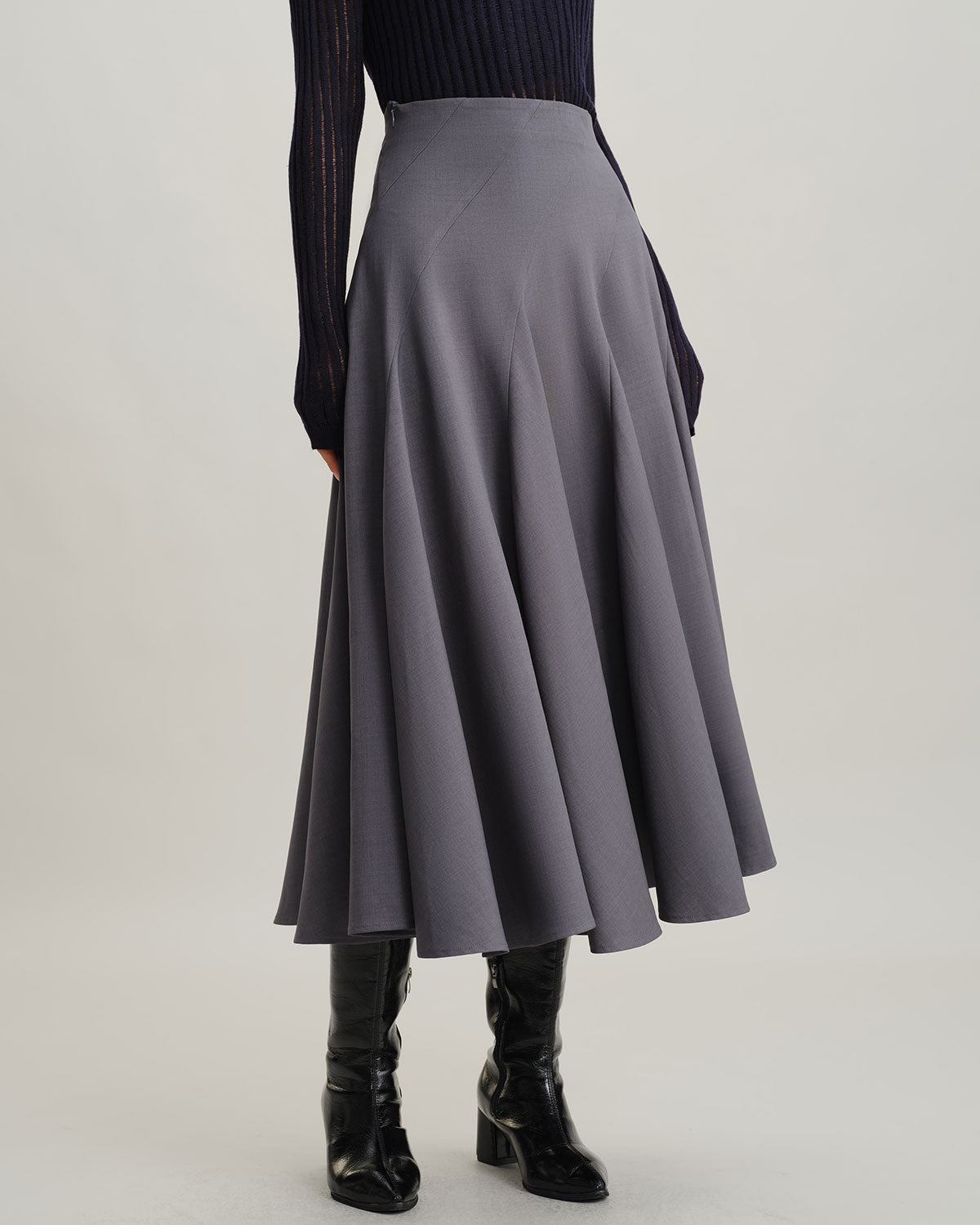 Grey High Waisted Pleated Midi Skirt