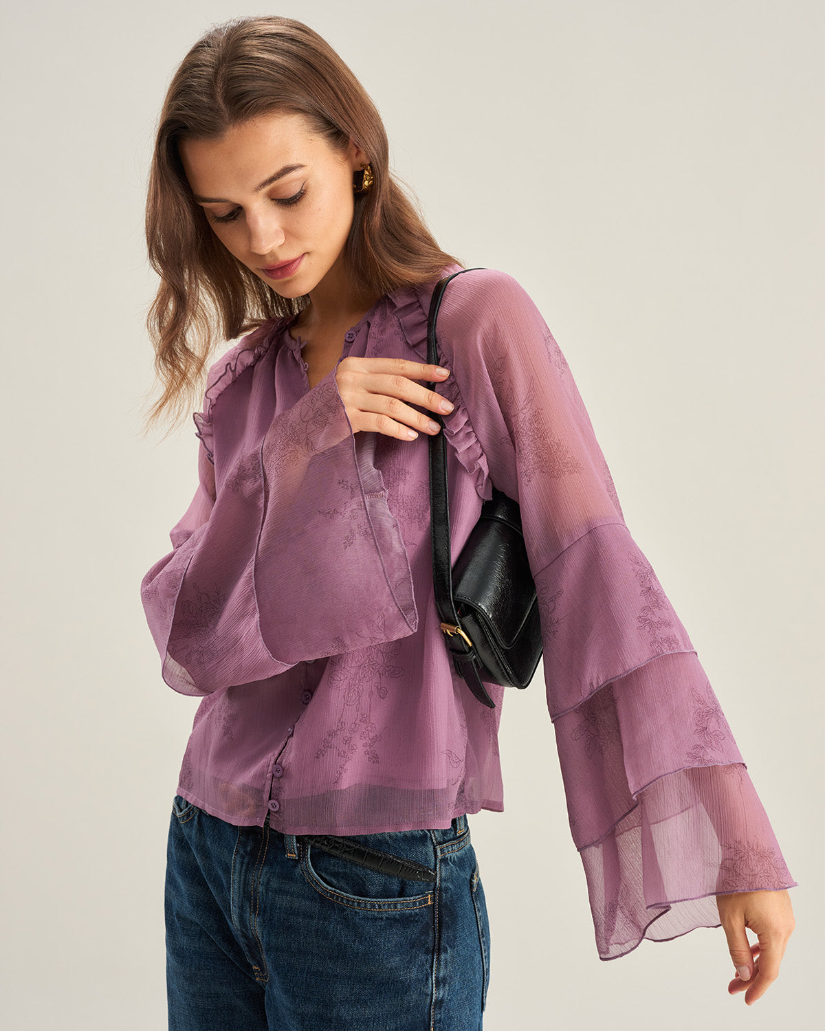 Purple Floral Chiffon Ruffle Blouse
