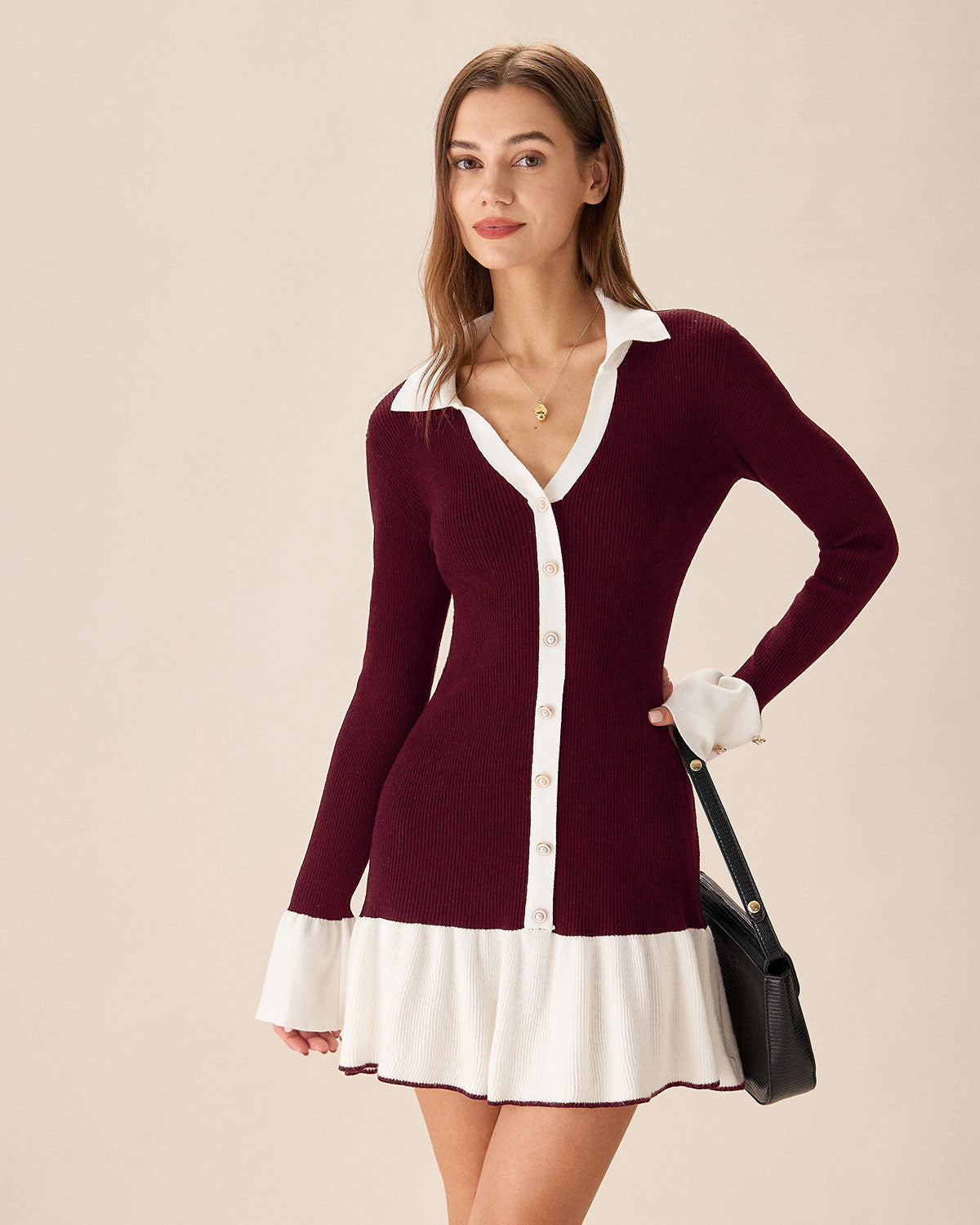 Wine Red Contrasting Sweater Dress