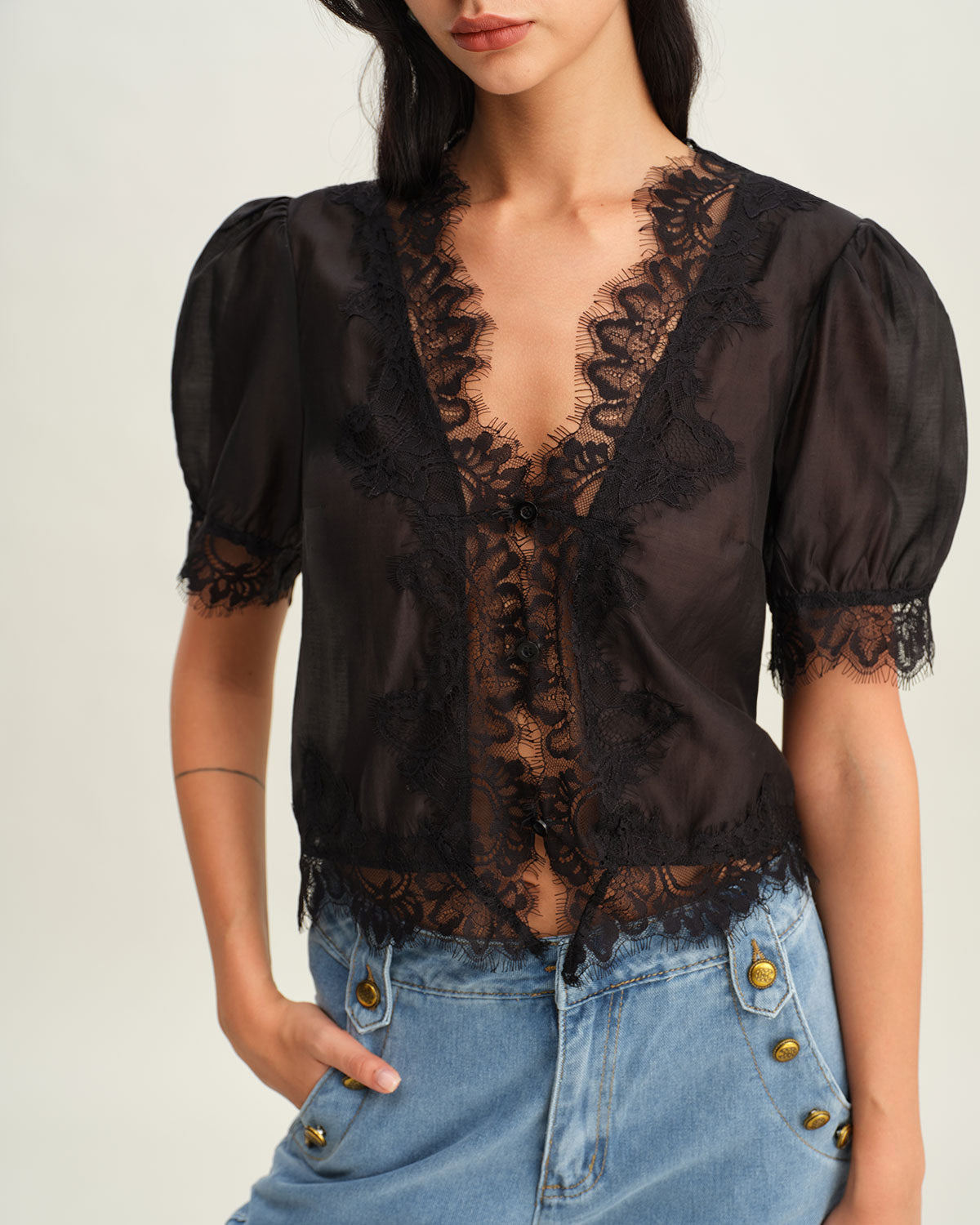 Black Puffed Sleeve Lace Blouse