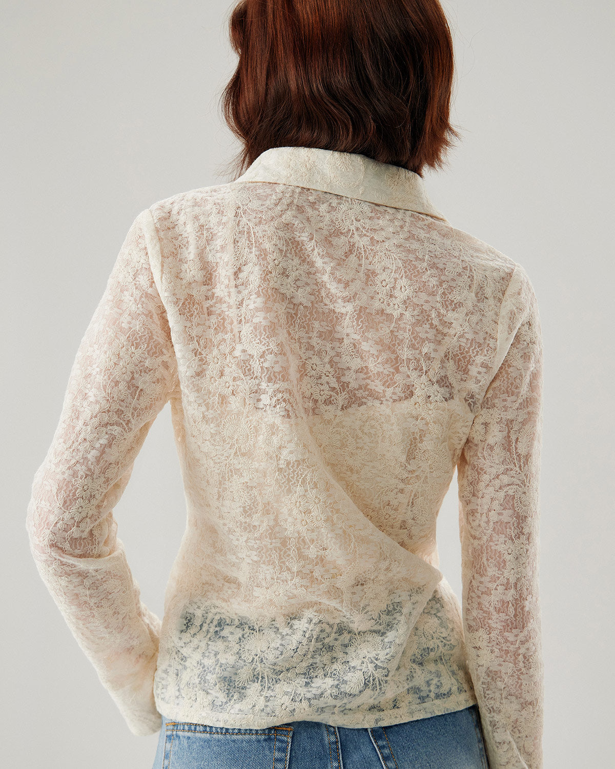 White Jacquard Bell Sleeve Button Blouse