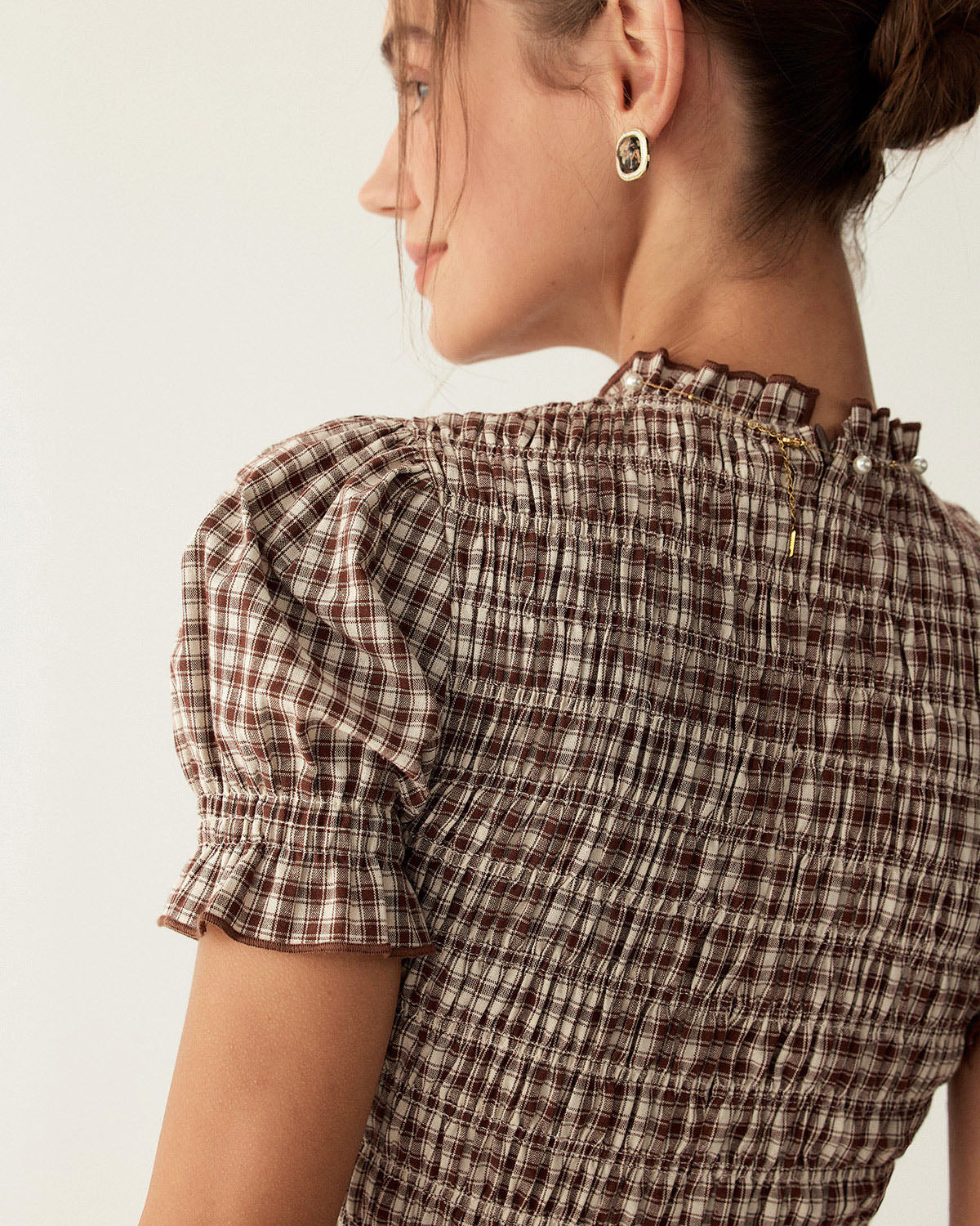 Coffee Plaid Puffed Sleeve Mini Dress