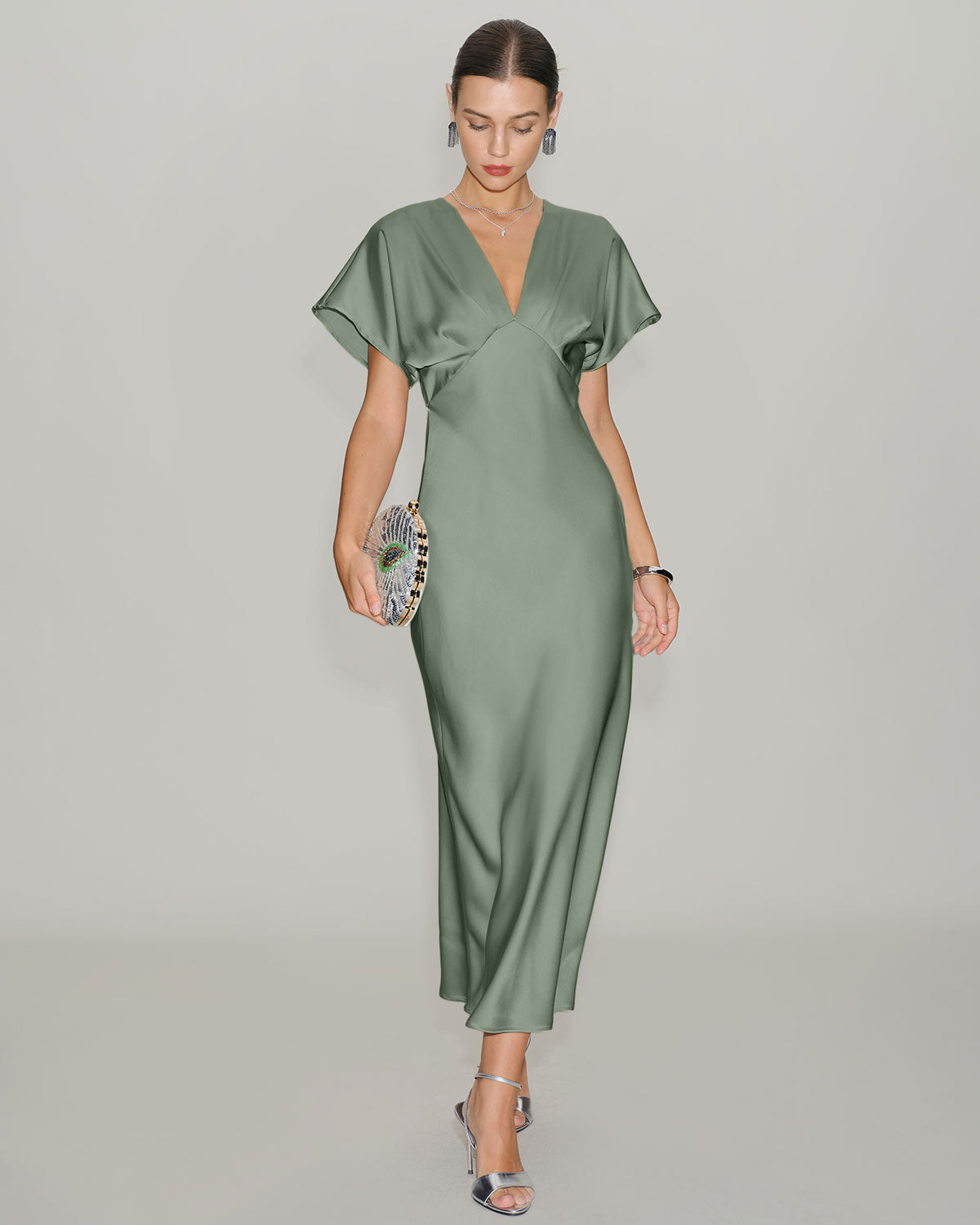 Green Satin V Neck A-Line Midi Dress