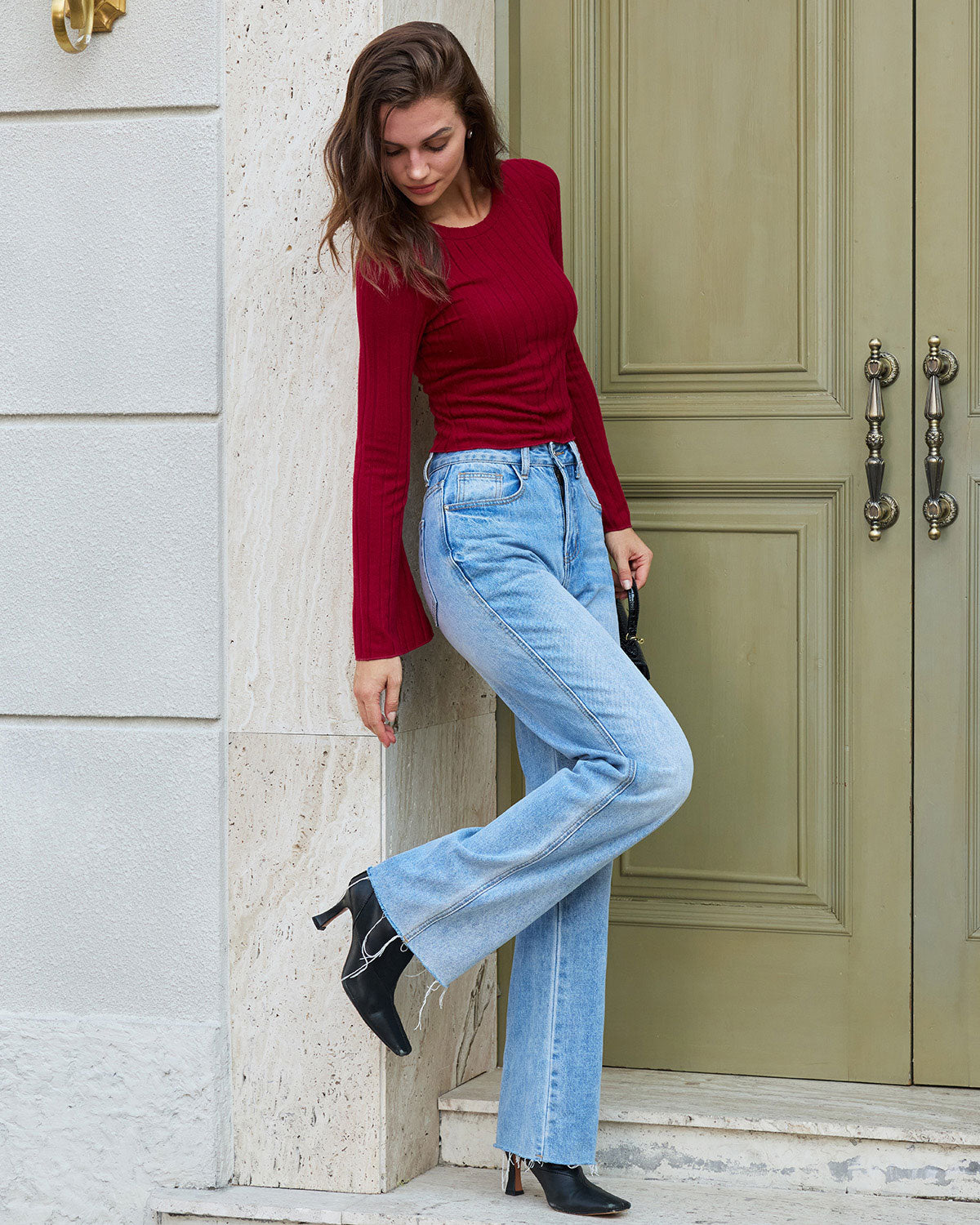 Wine Red Ribbed Knit Bell Sleeve Tee