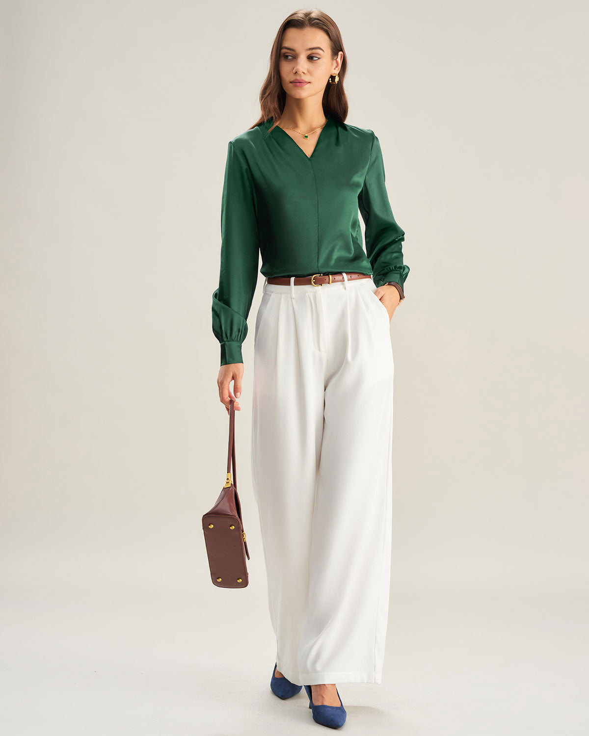 Green Satin V Neck Shirt