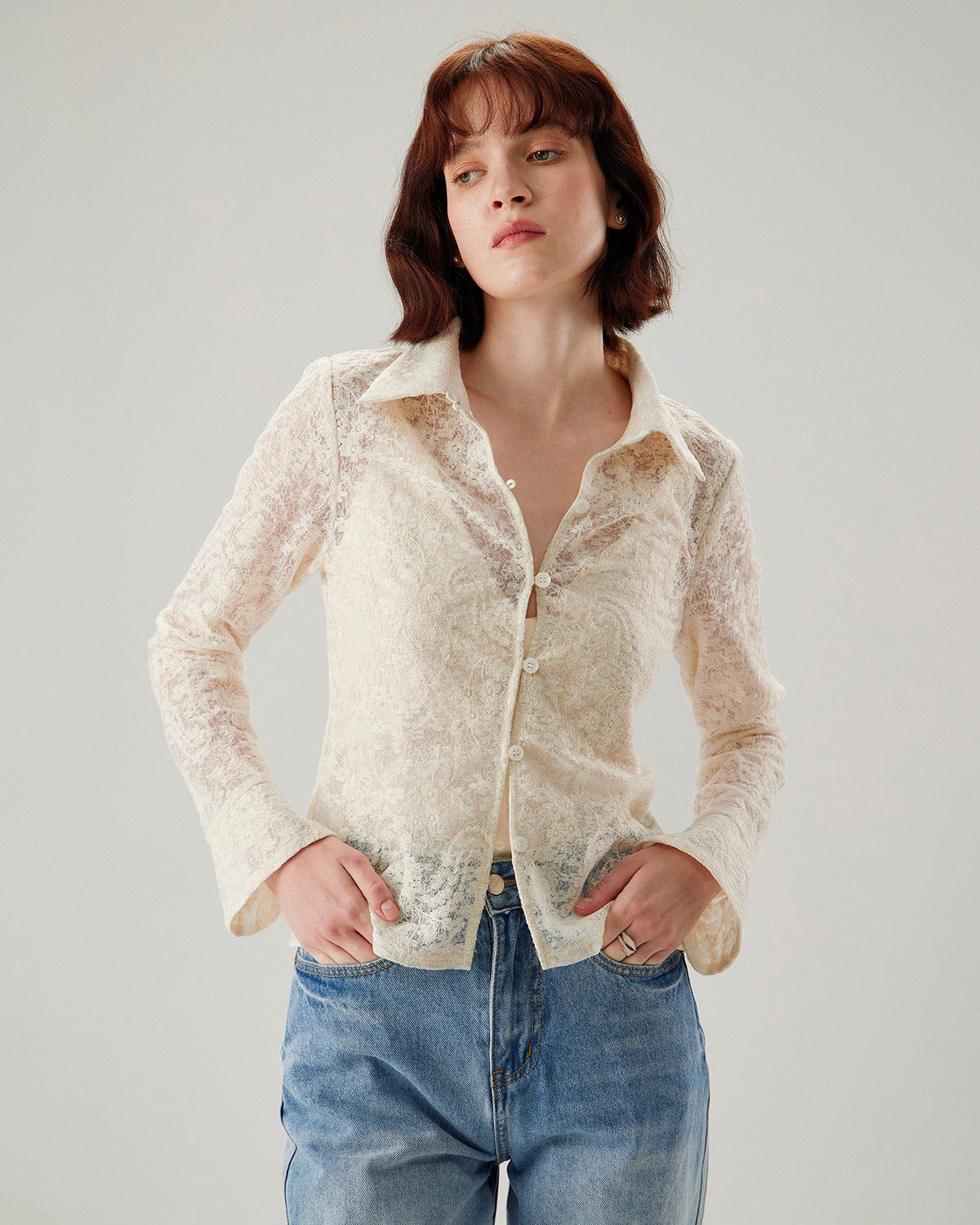 White Jacquard Bell Sleeve Button Blouse