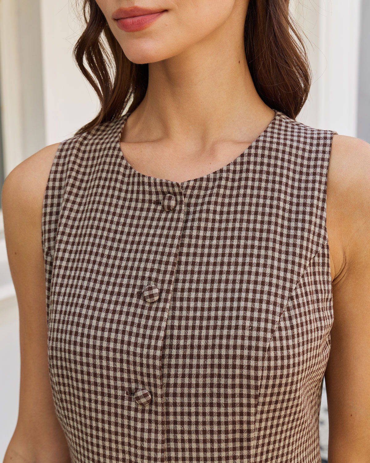 Brown Plaid A-Line Sleeveless Mini Dress
