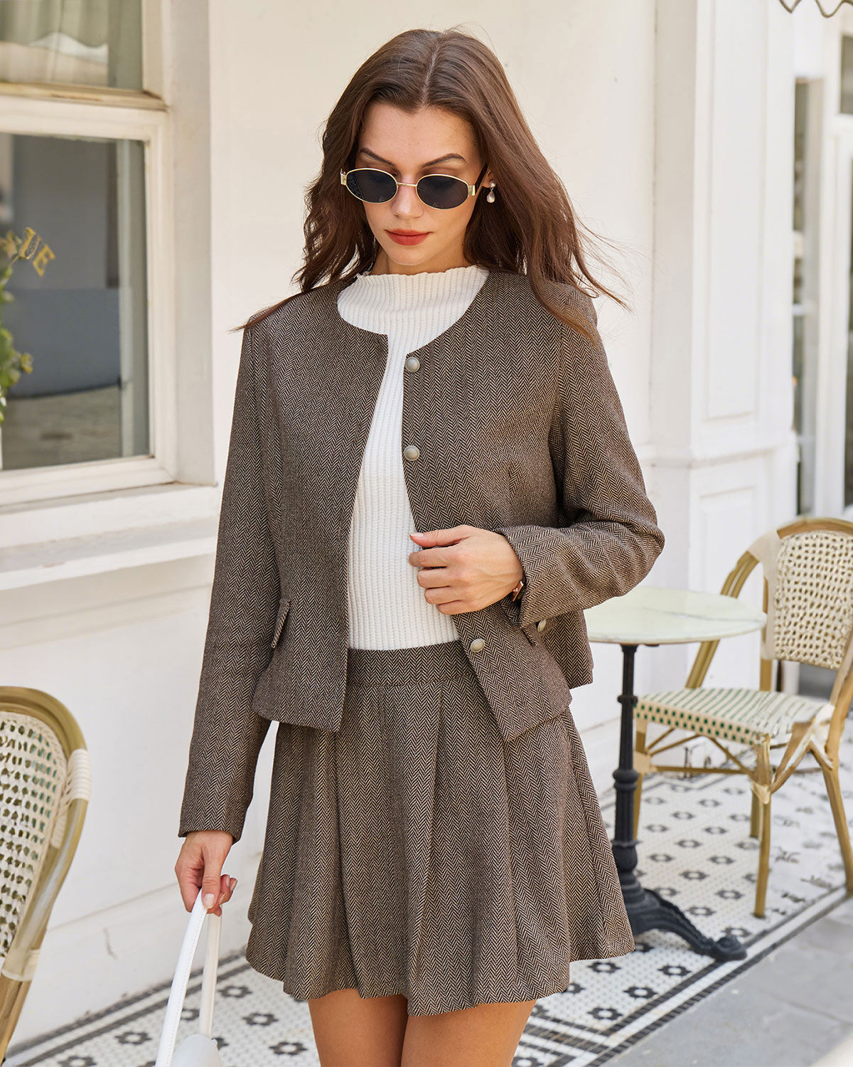 Brown A-Line Pockets Pleated Mini Skirt