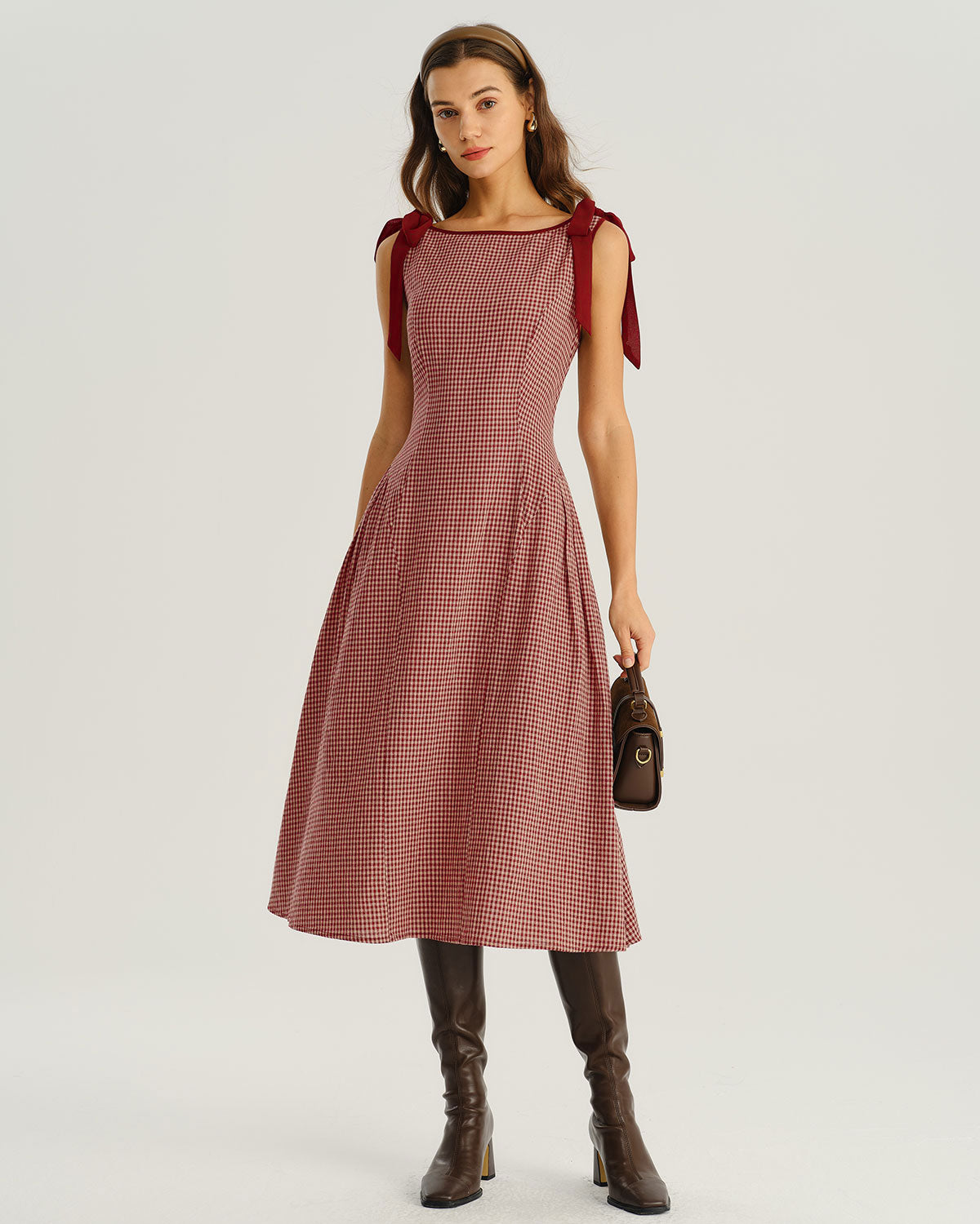 Red Plaid Tie Strap A-Line Midi Dress