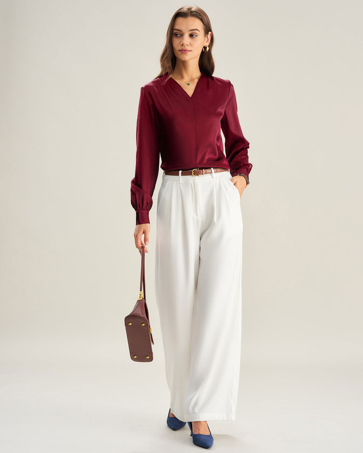 Wine Red Satin V Neck Shirt