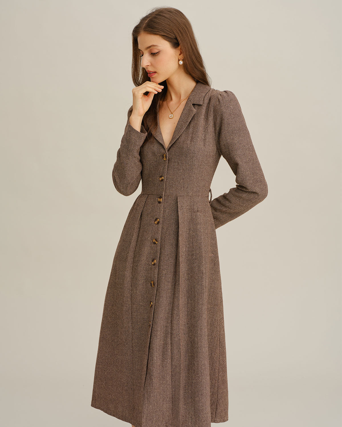 Brown A-Line Pleated Midi Dress