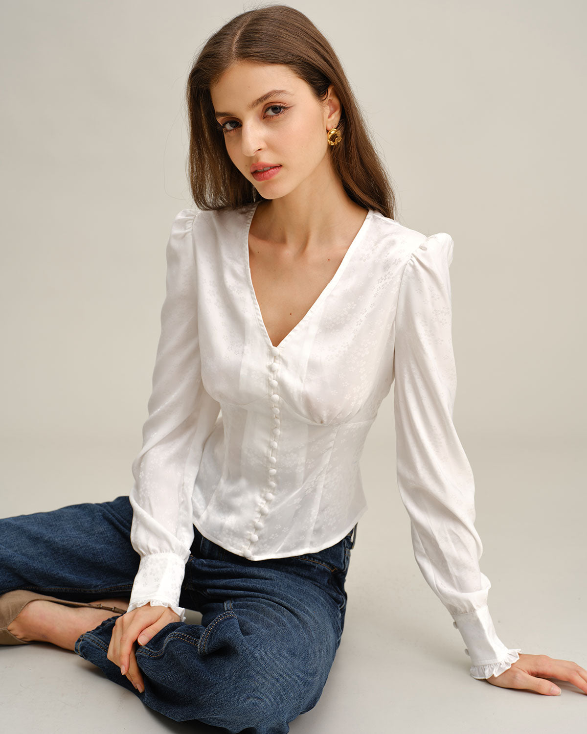 White Ruched V Neck Shirt