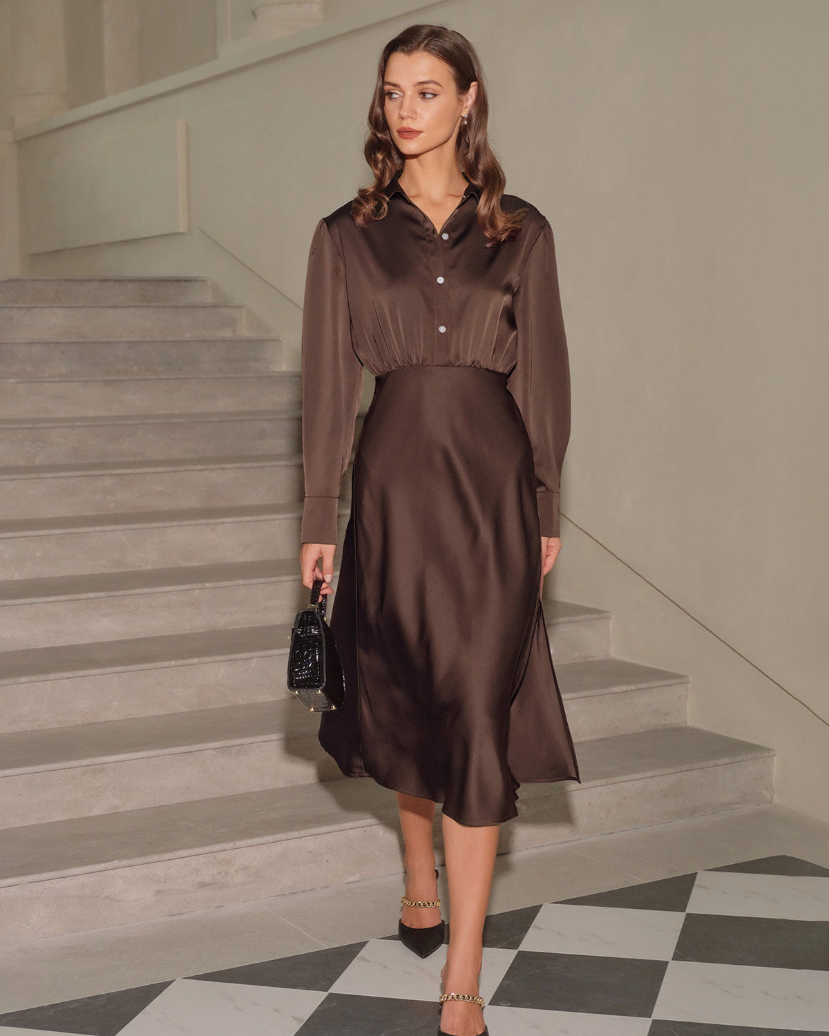 Coffee Ruched Button Midi Dress
