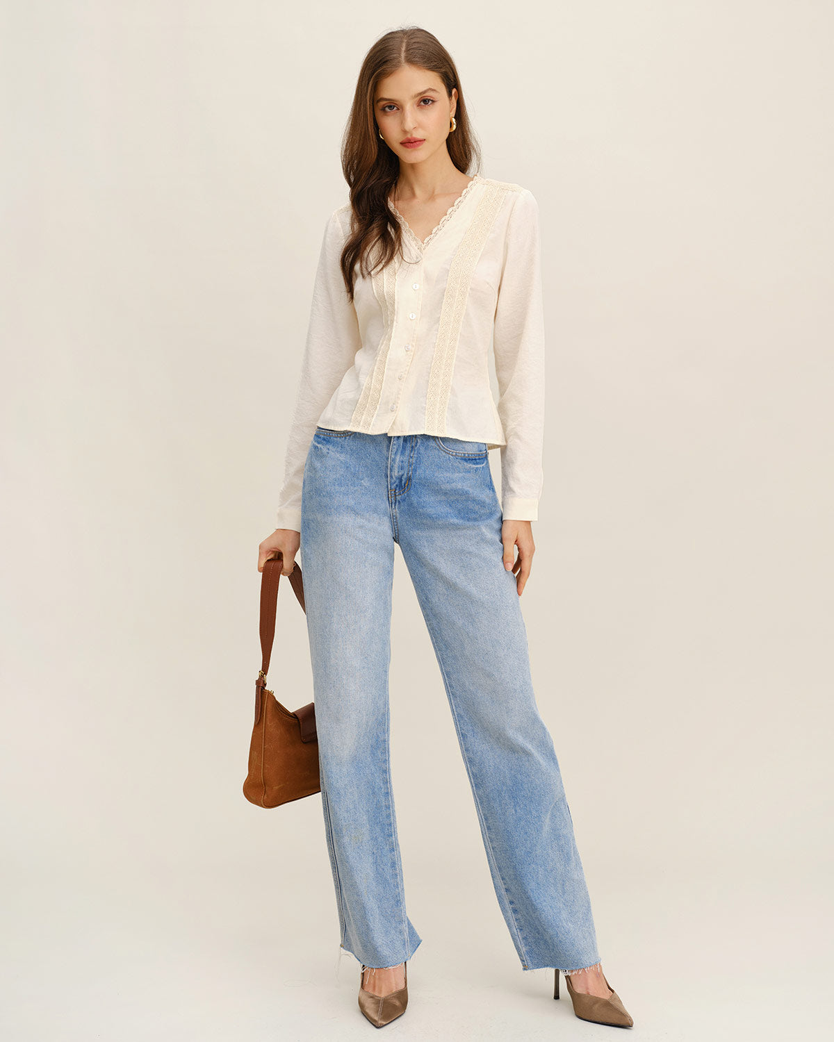 Apricot V Neck Lace Shirt