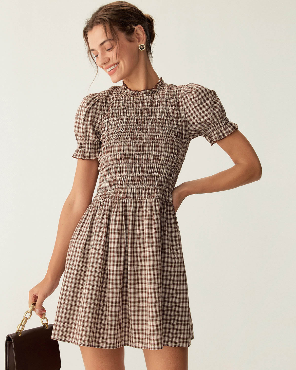 Coffee Plaid Puffed Sleeve Mini Dress