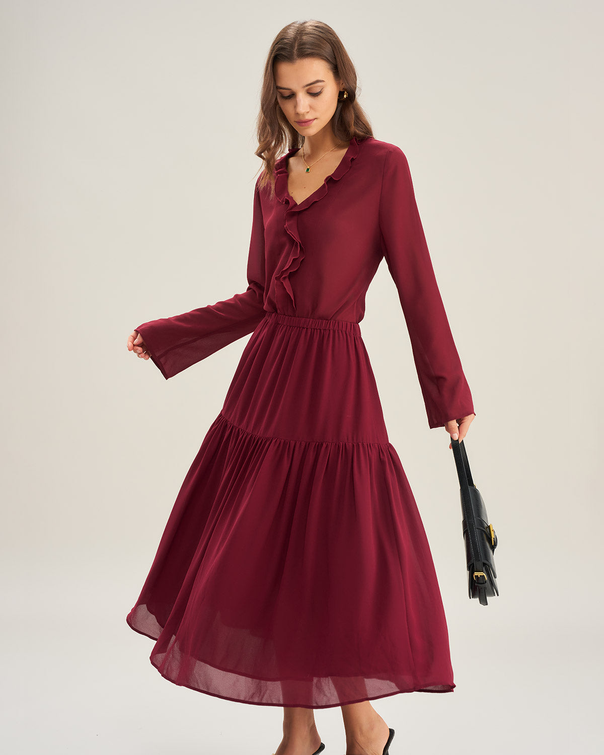 Wine Red Ruffle Chiffon Shirt