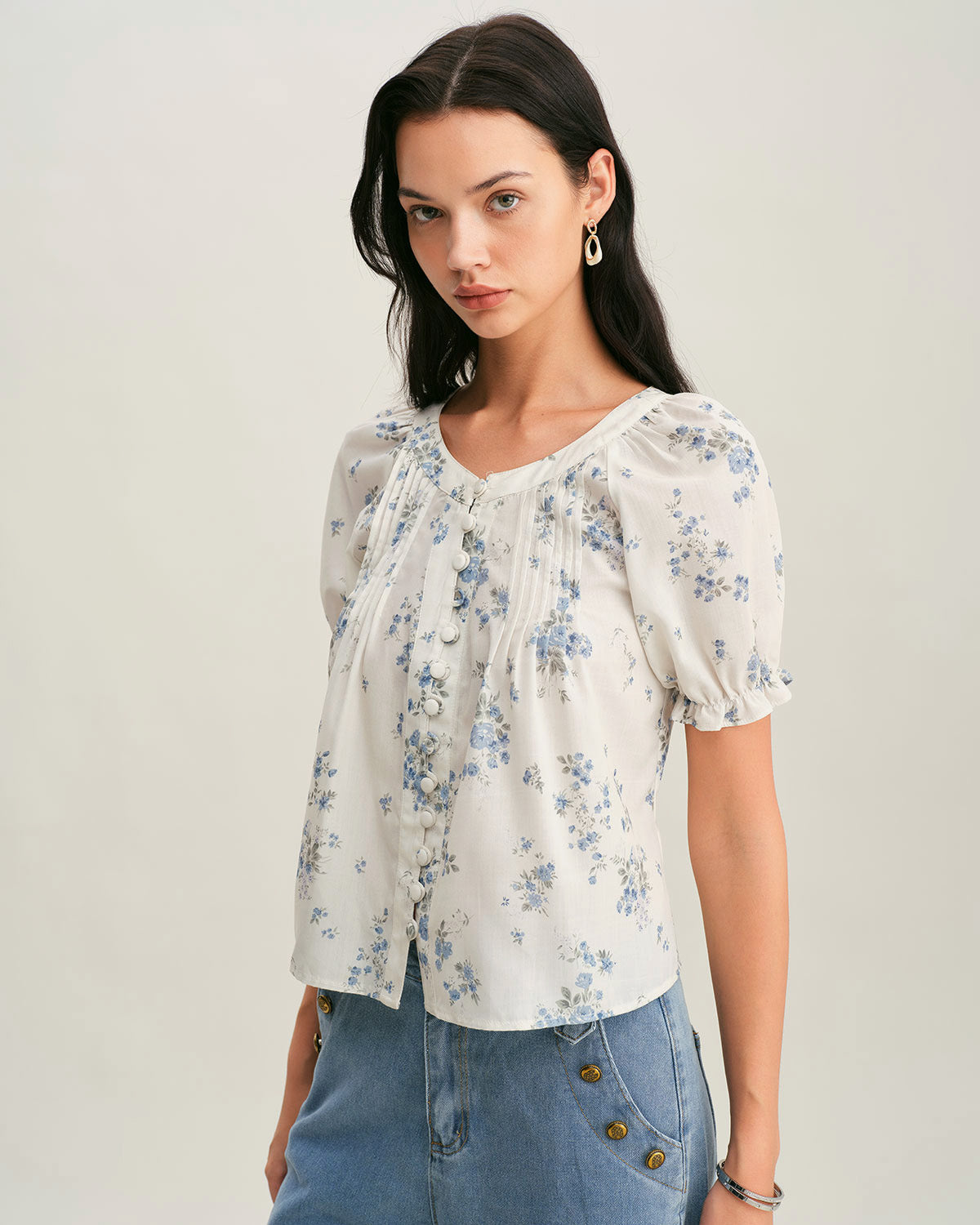 Blue Floral V Neck Button Blouse