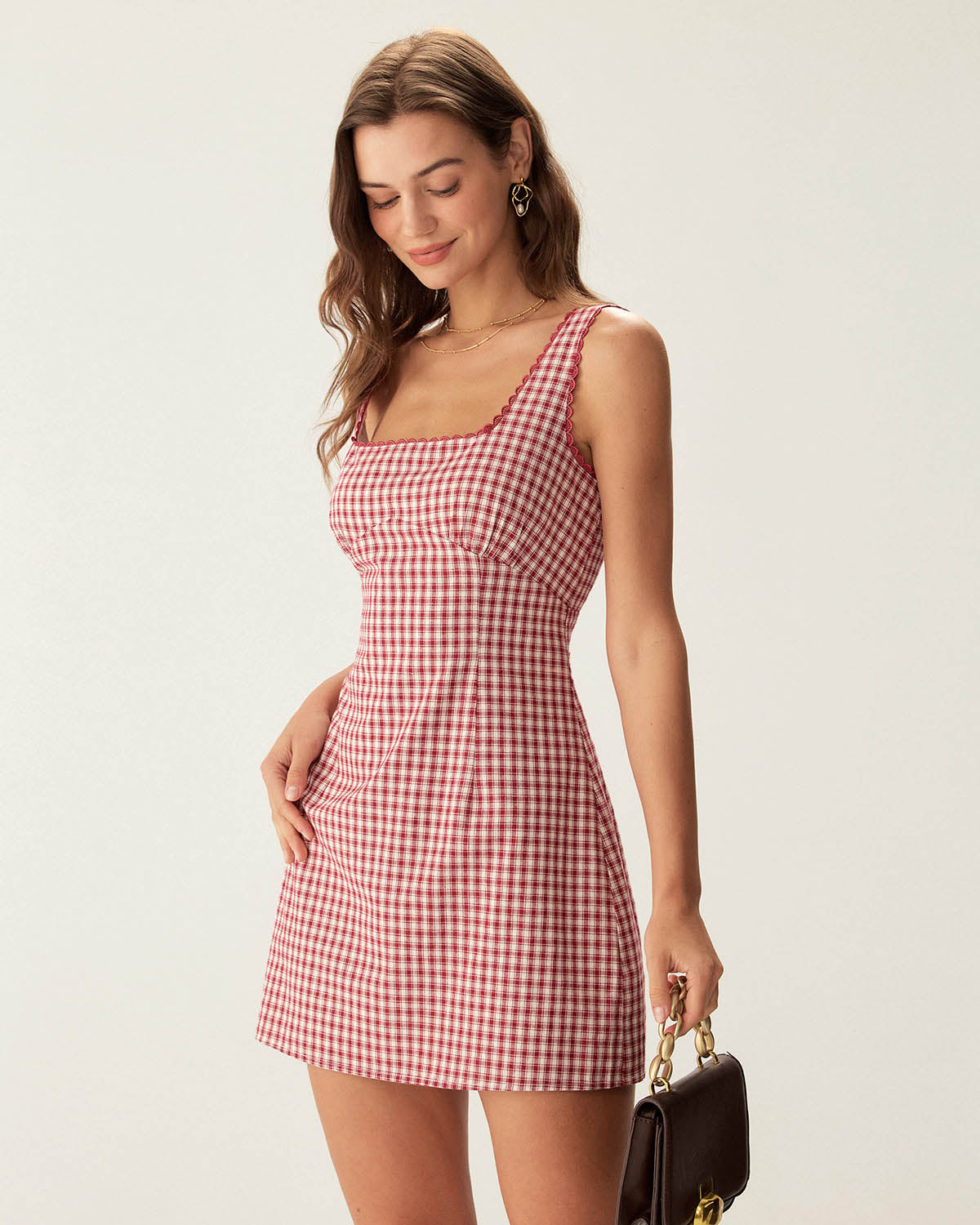 Red Plaid Square Neck Slip Mini Dress