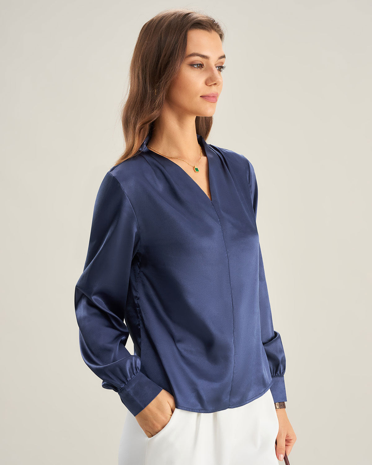 Blue Satin V Neck Shirt