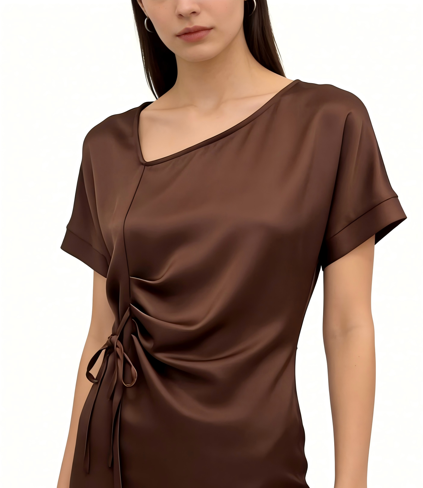 Wrinkle casual style round neck lace up breathable slimming T-shirt versatile and fashionable top