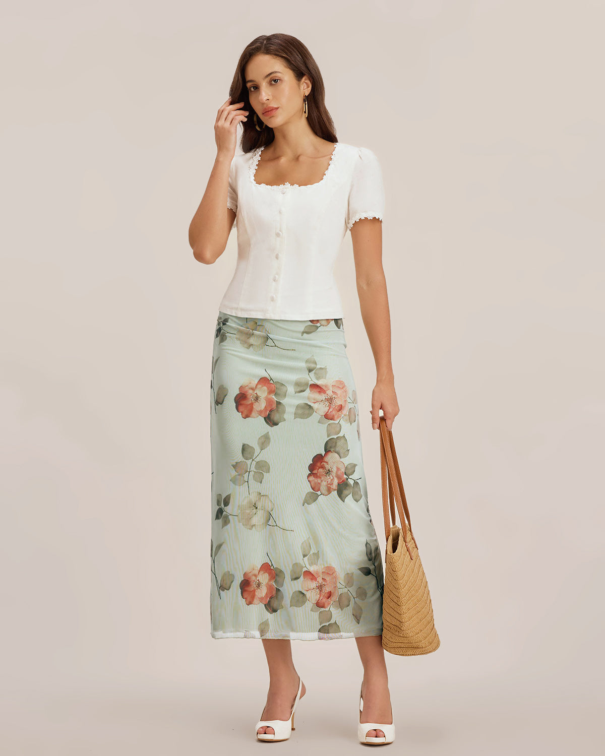 White Square Neck Button Lace Blouse