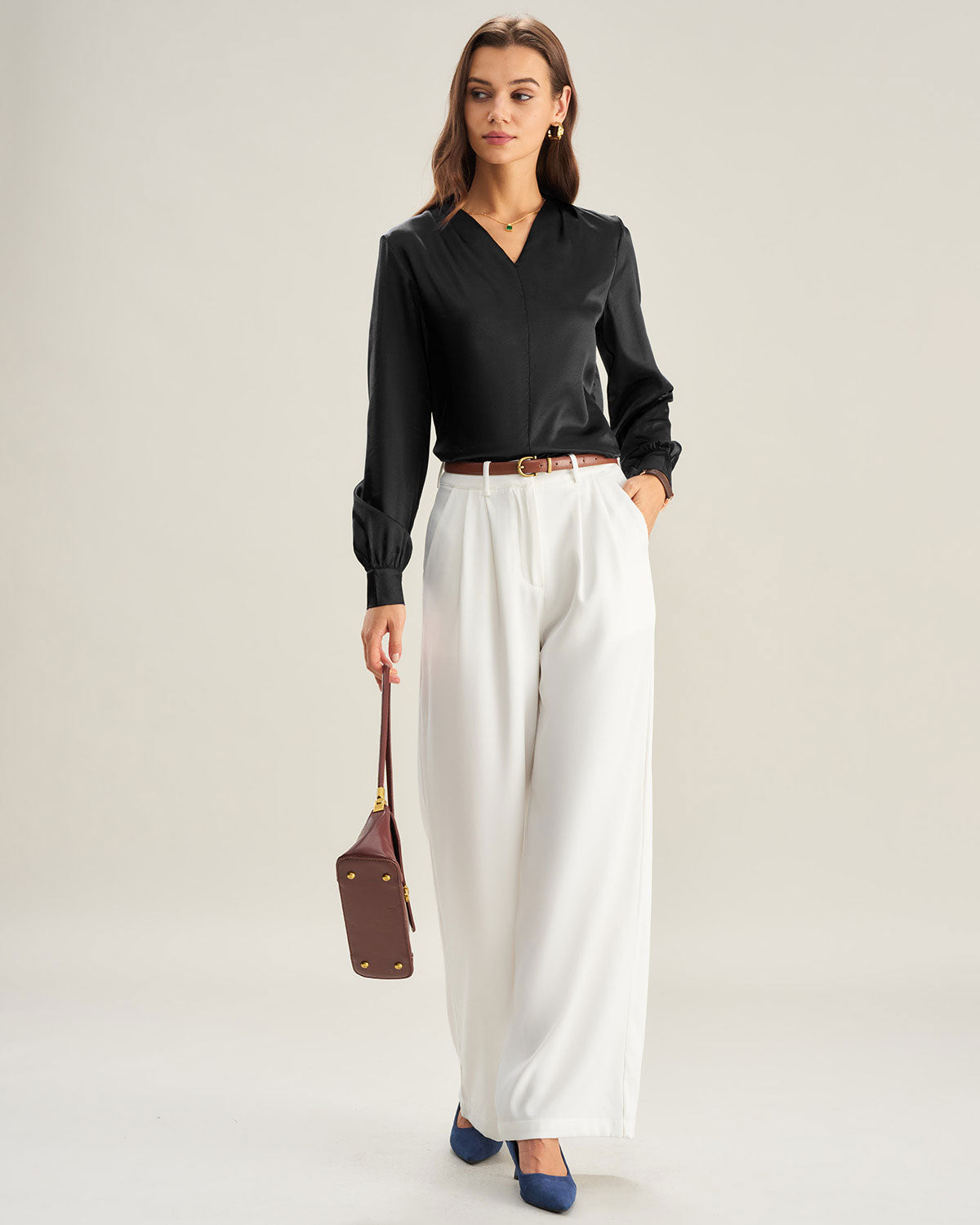 Black Satin V Neck Shirt