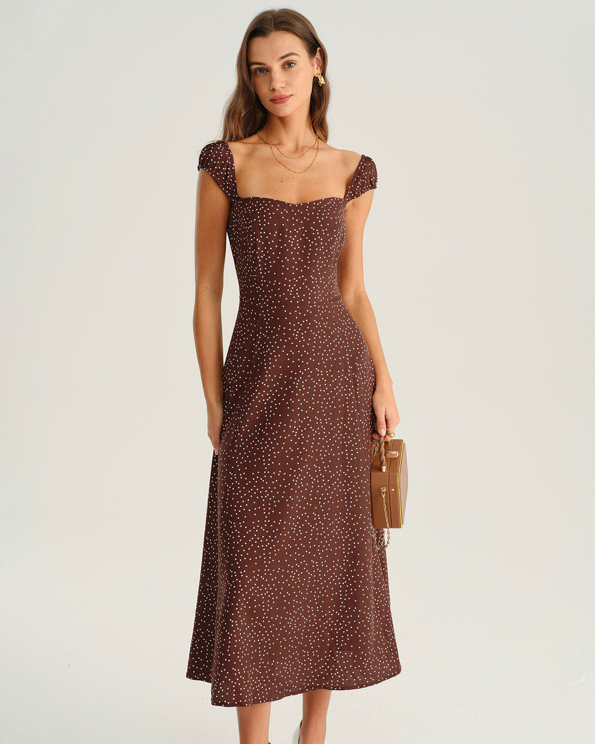 Brown Polka Dot Cap Sleeve Midi Dress