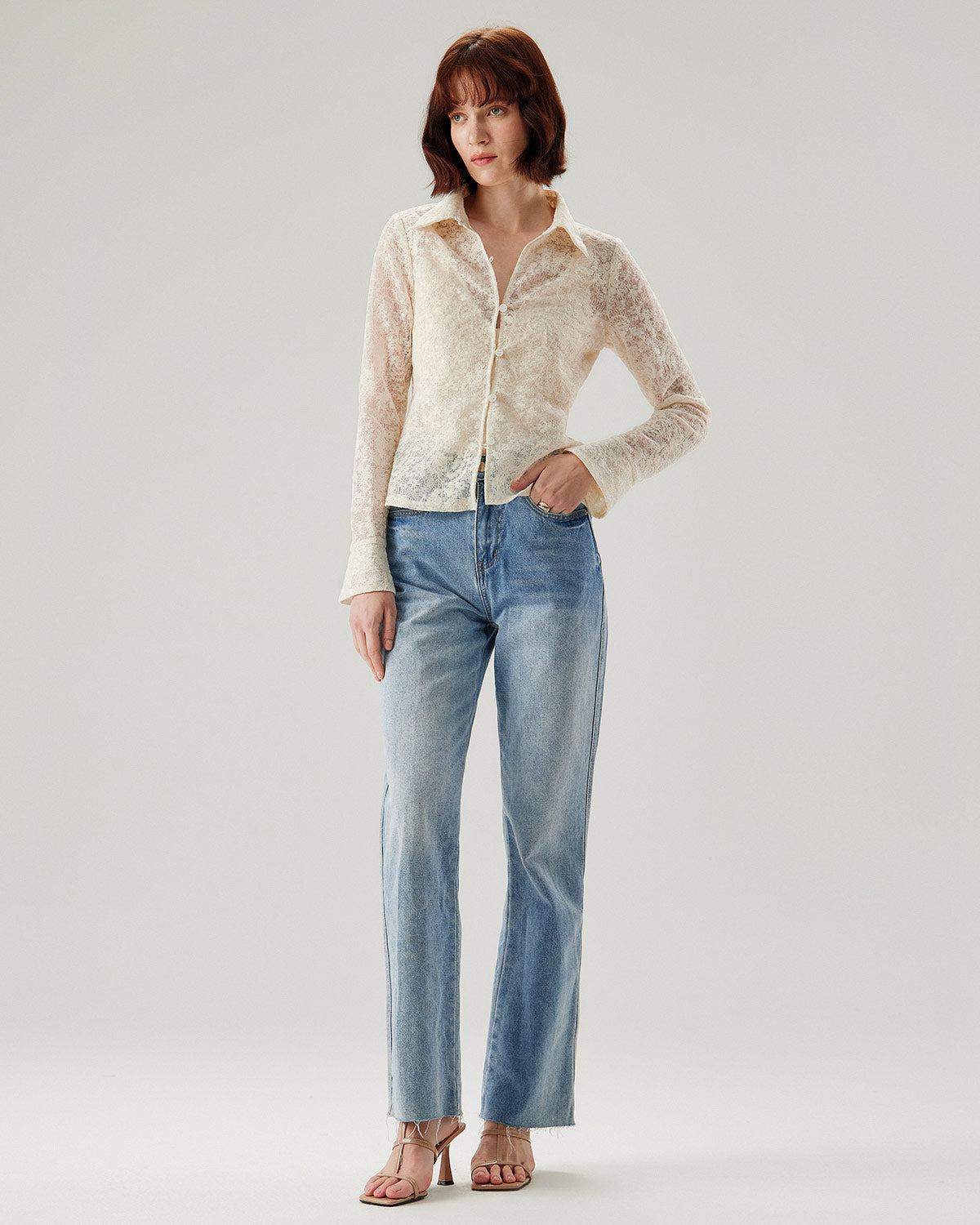 White Jacquard Bell Sleeve Button Blouse