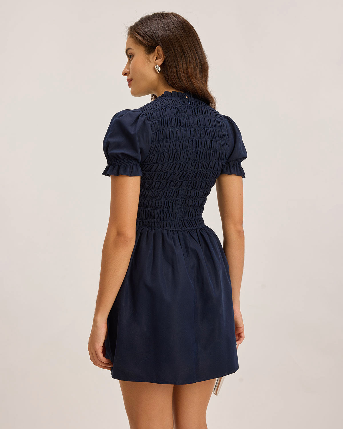 Blue Shirred Puffed Sleeve Mini Dress