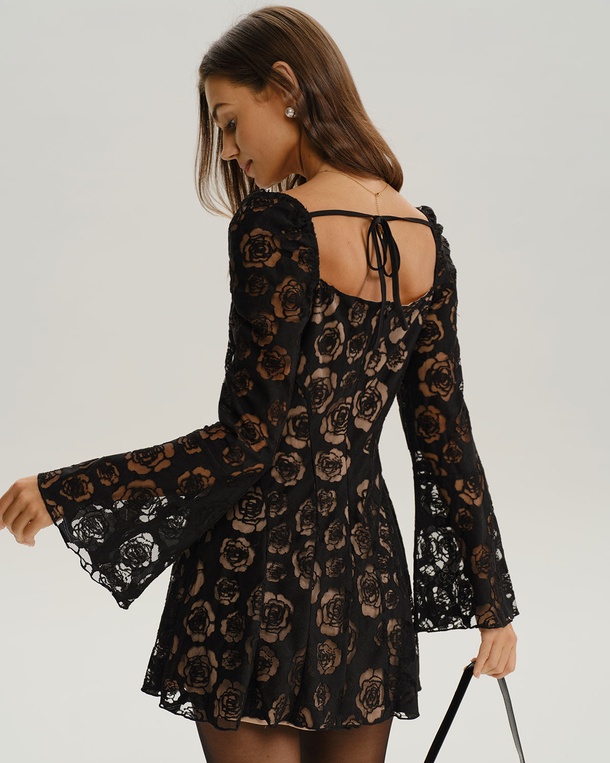 Black See Through Bell Sleeve Mini Dress