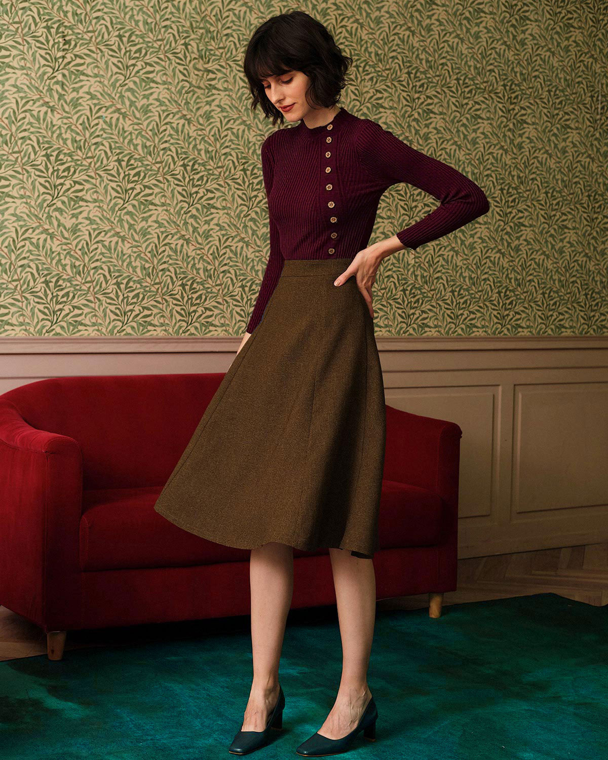 Wine Red Mock Neck Ribbed Knit Tee