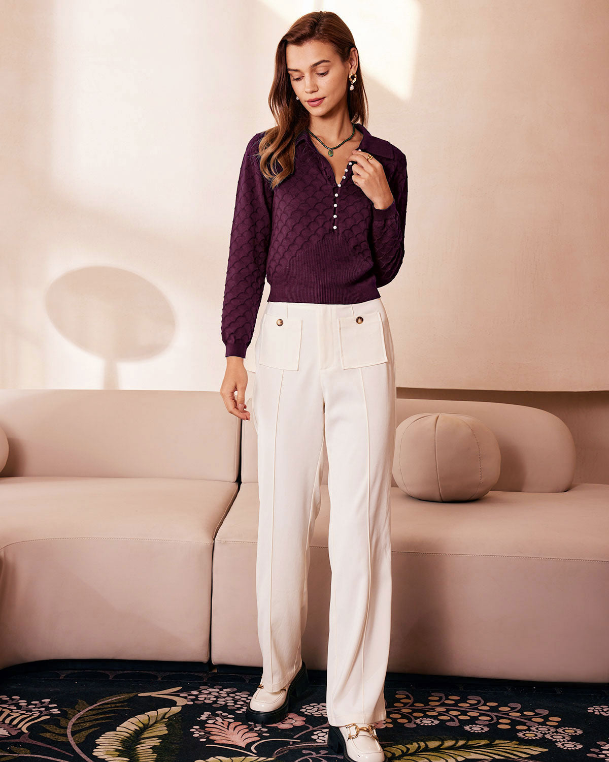 Purple Pearl Buttons Knit Tee