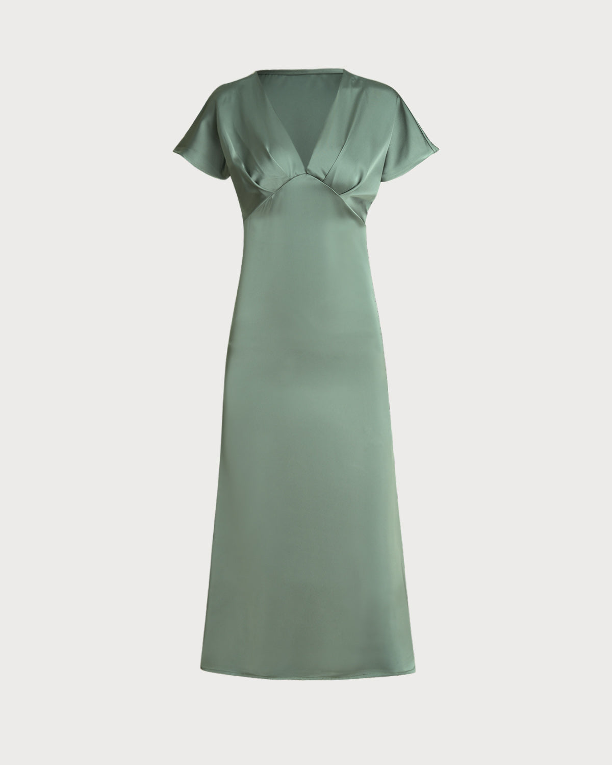 Green Satin V Neck A-Line Midi Dress